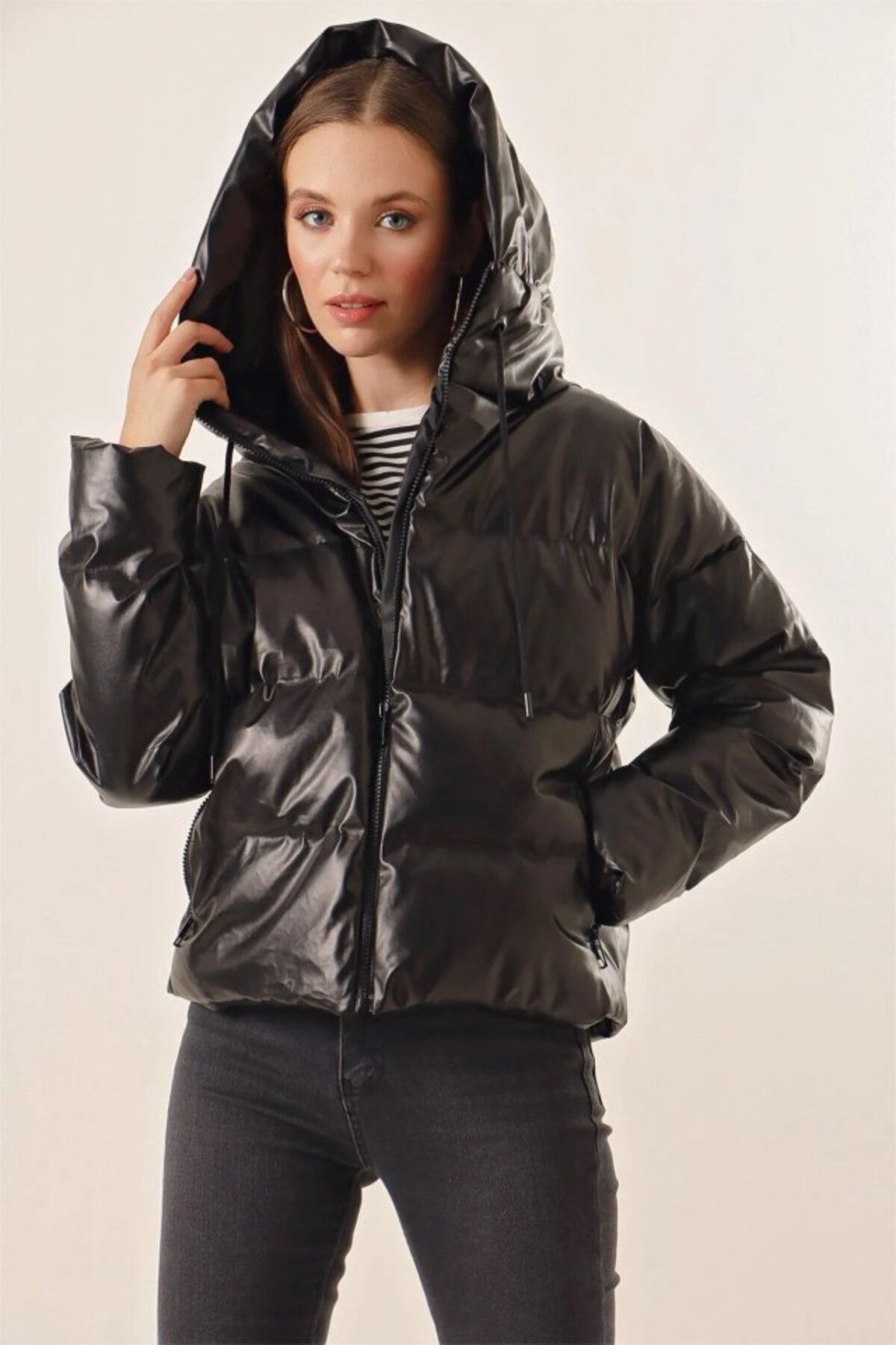 ARUZ MODA 5114 Oversize Deri Mont - Siyah
