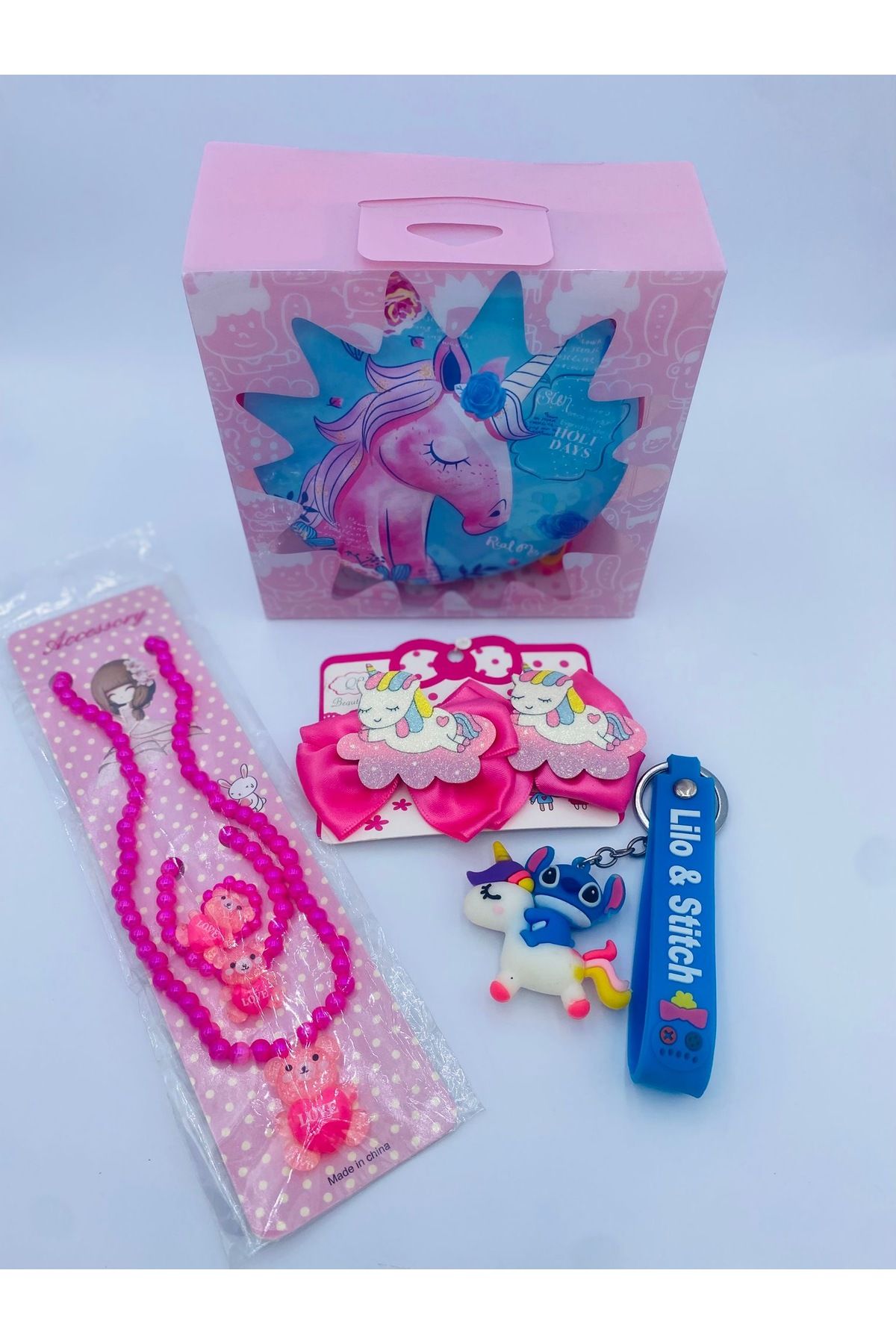 shop Kız Çocuk Unicorn Temalı Hediye Seti –Çanta, Kolye, Bileklik, Toka, Anahtarlık ve Hediye Kutusu