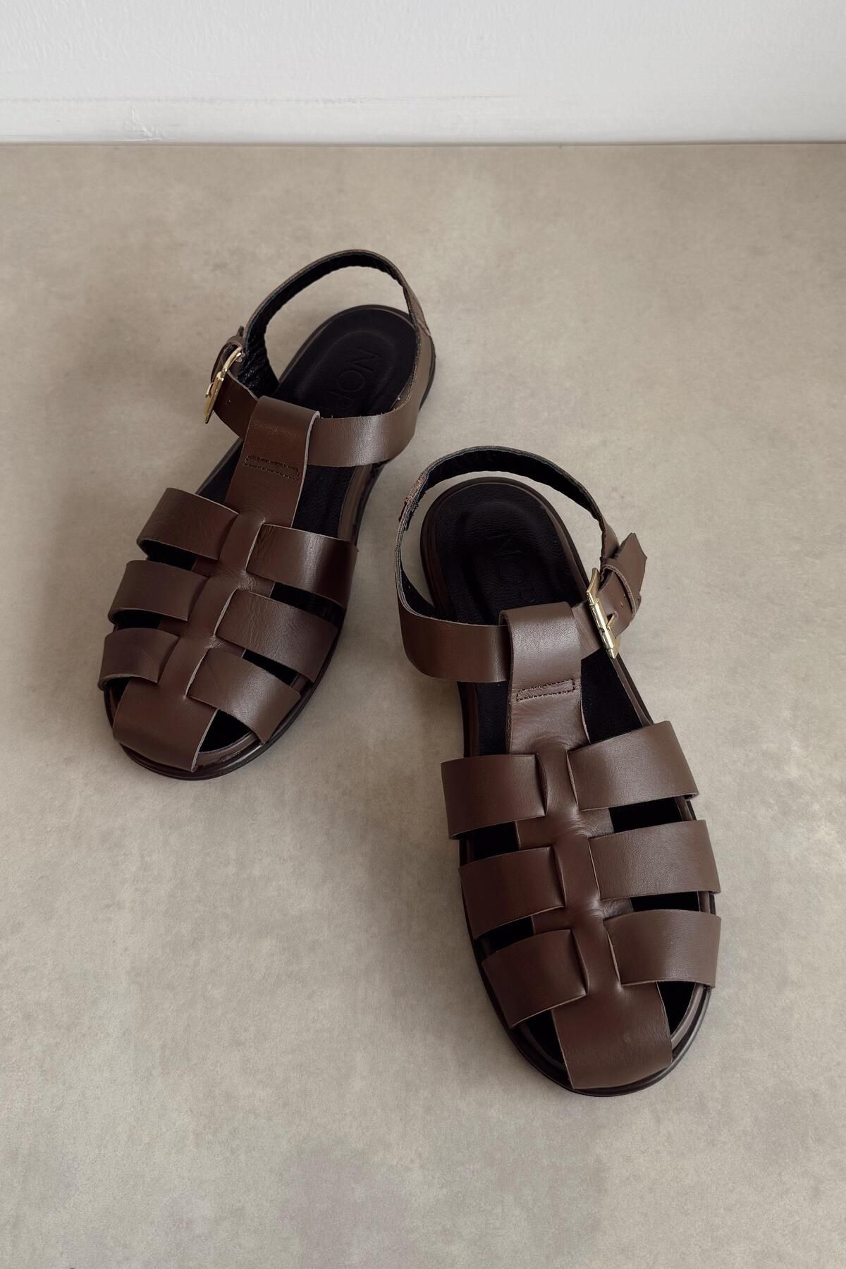 nope21shoess Stan Kahverengi Hakiki Deri Sandalet