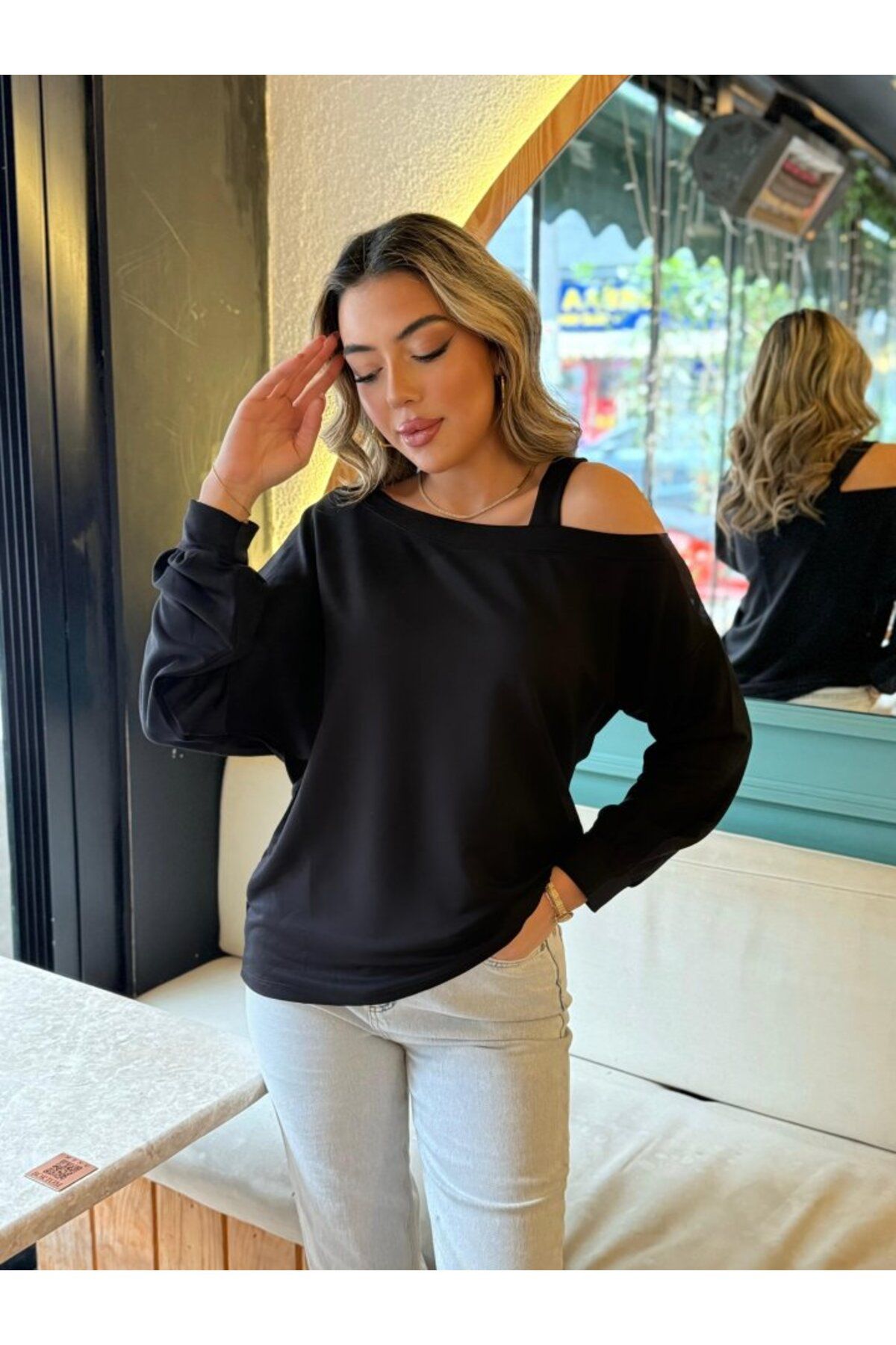 ARUZ MODA Kadın Uzun Kollu Tek Omuz Askı Detay Salaş Viskon Iki Iplik Bluz