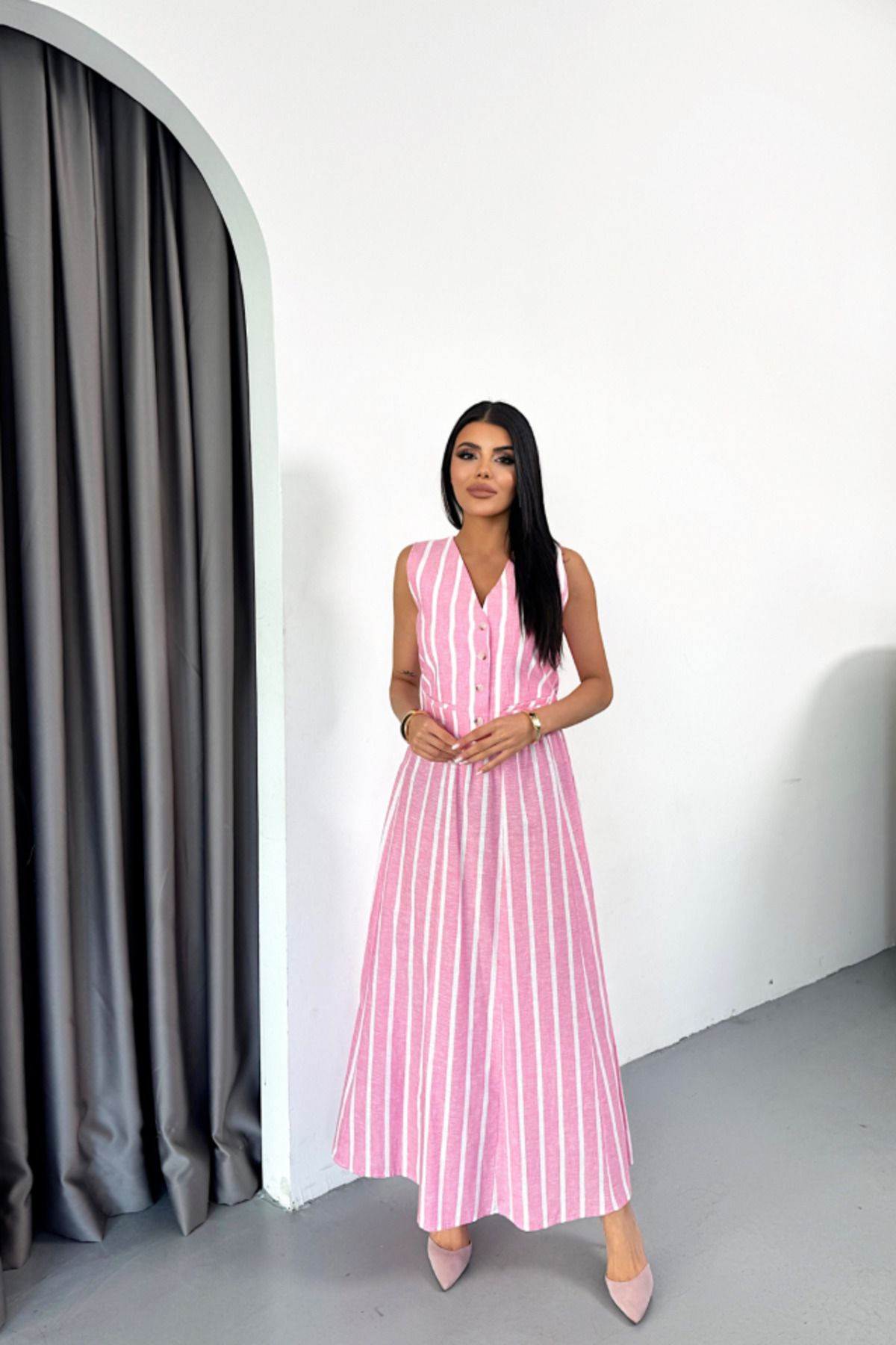 ARUZ MODA KETEN ÇİZGİLİ YELEK - UZUN ETEK TAKIM - Pembe