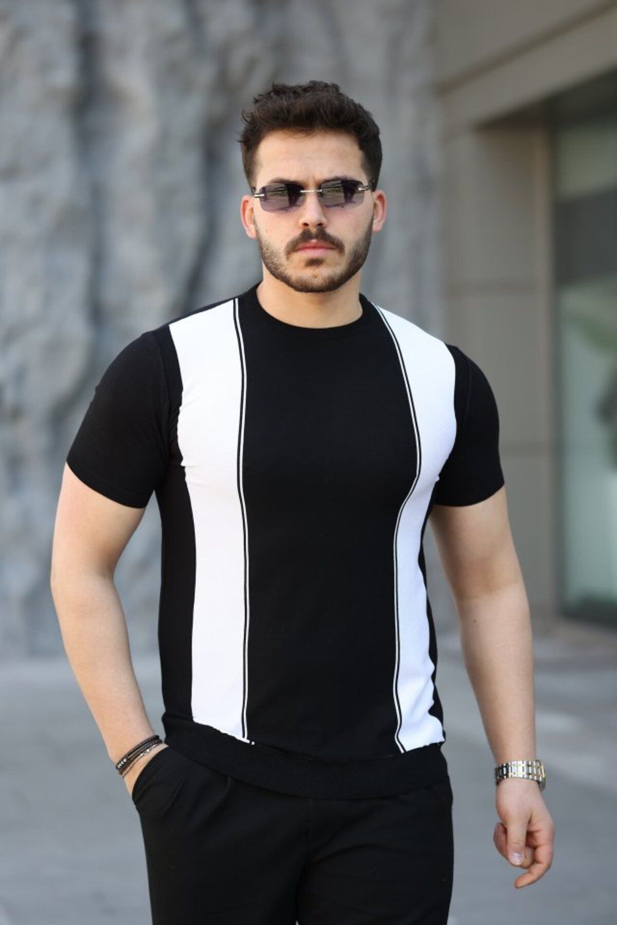 ARUZ MODA Erkek Viskon Kumaş Bisiklet Yaka çizgi Desenli Tişört