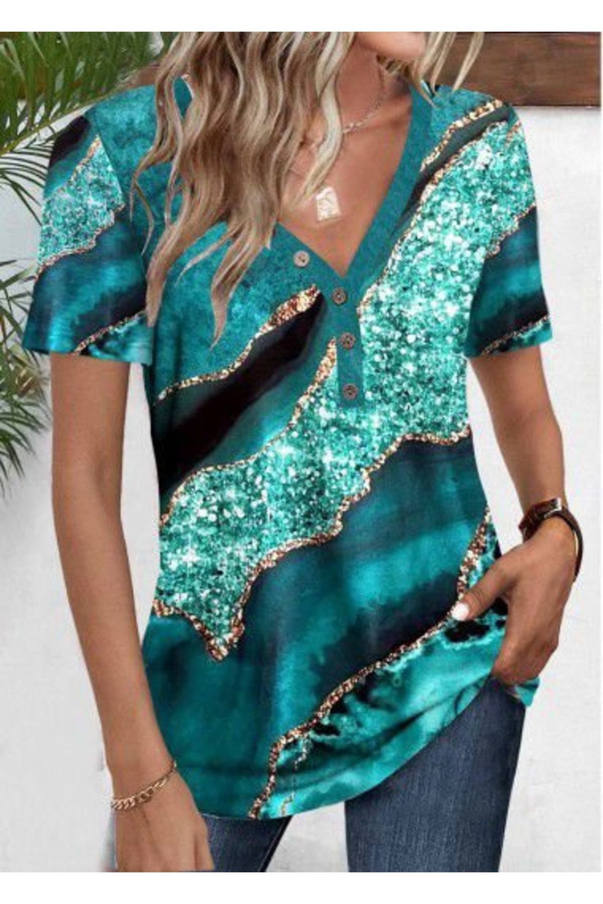 ARUZ MODA Kadın Kısa Kollu V Yakalı önden Düğmeli Baskılı Süprem Bluz