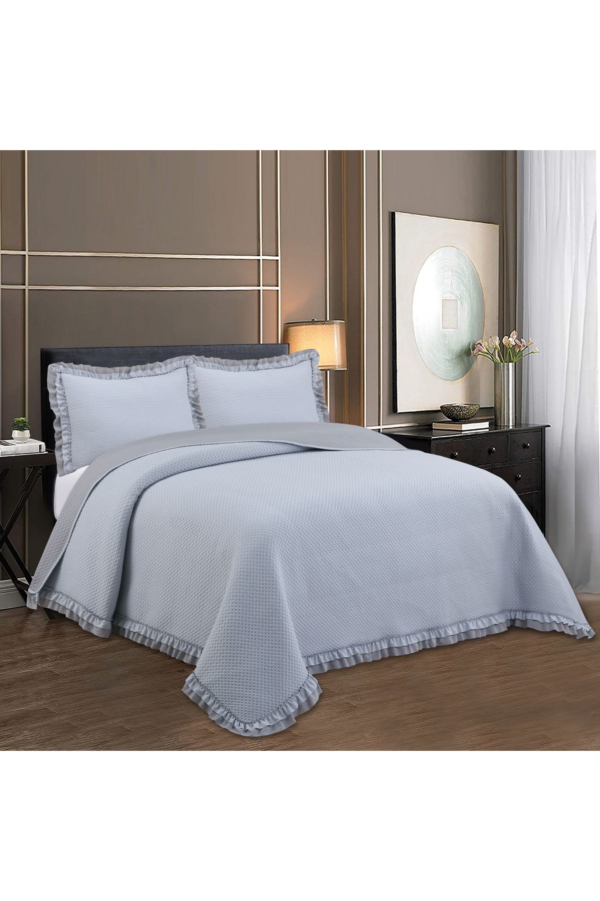 Sivalde Rüya Washed Fırfırlı Çift Kişilik Gri Yatak Örtüsü Takımı