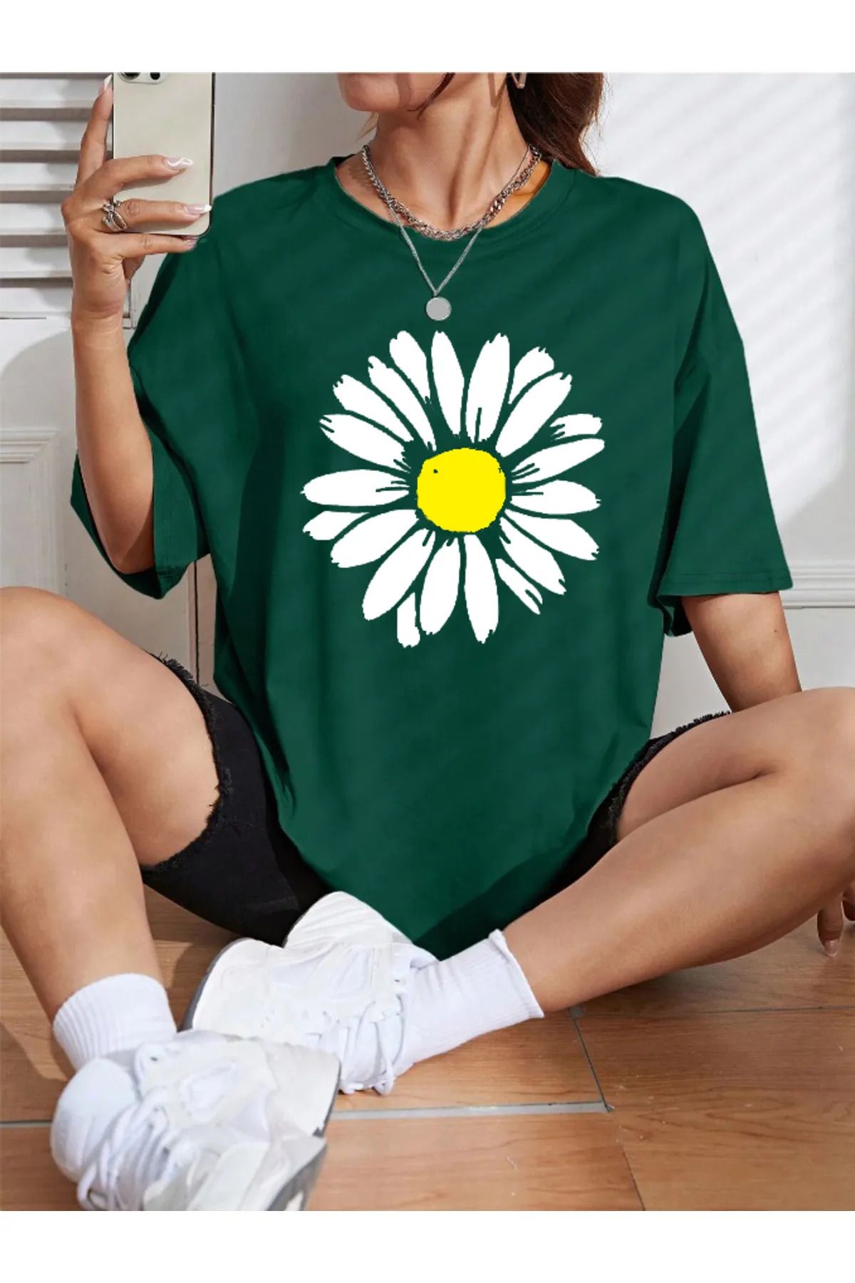 FeaR LeeS Kadın Papatya Özel Baskılı Renkli Oversize Penye Pamuklu Bisiklet Yaka T-Shirt