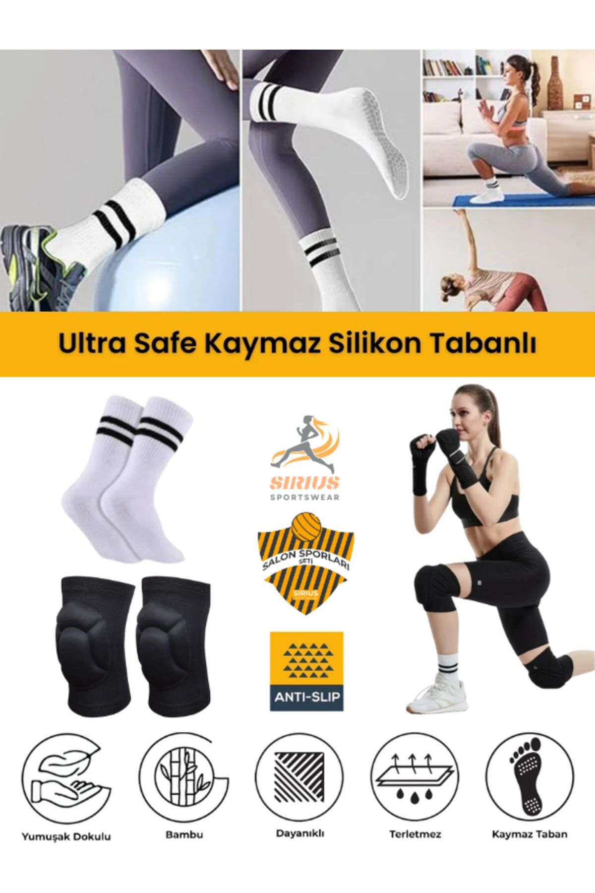 Bellanora Kadın Beyaz Kaydırmaz Silikon Taban Pilates Yoga Fitness Dans Aktivite Çorap ve Koruyucu Dizlik Seti
