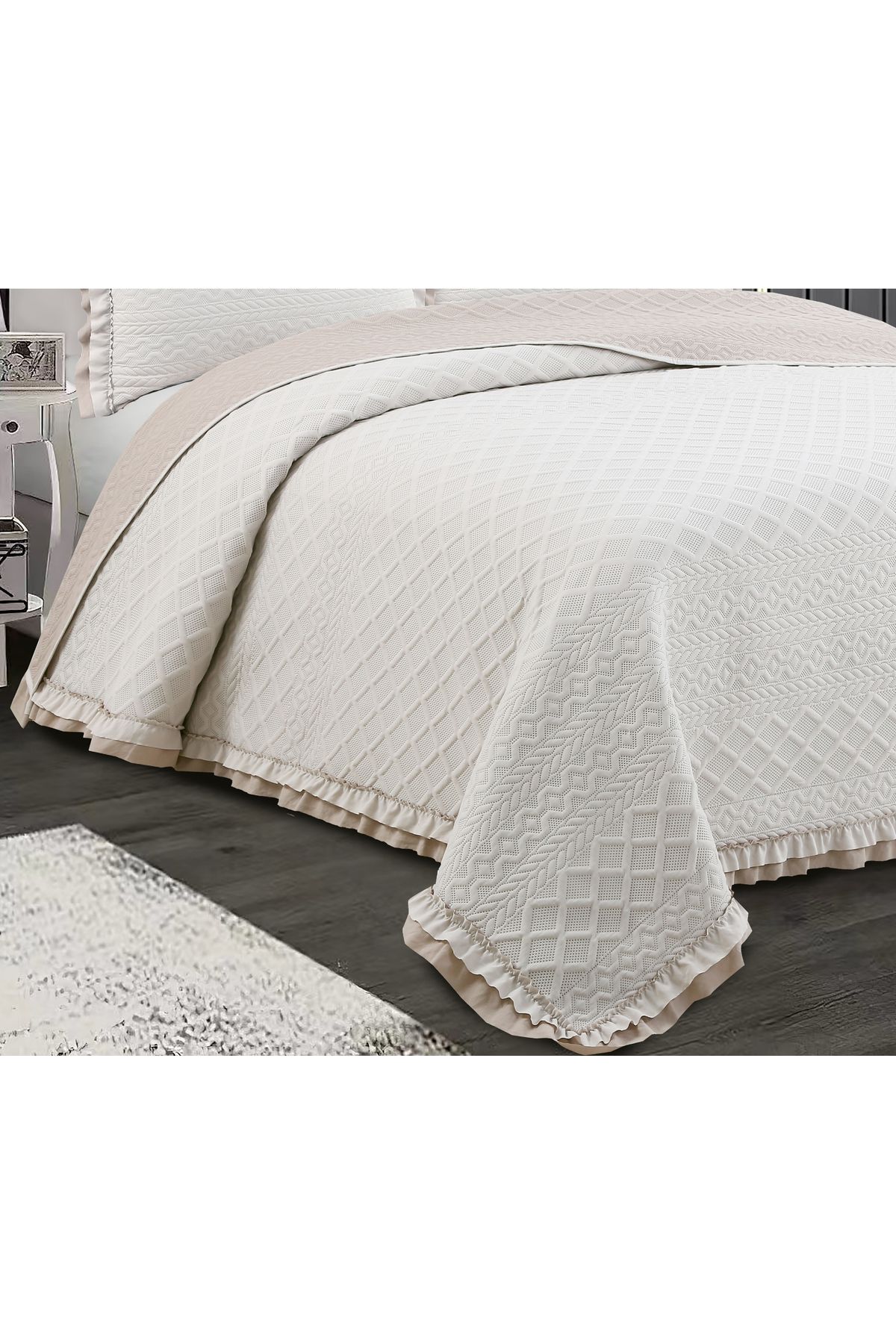 Sivalde-Hazel Washed Frilly Double Beige Bedspread Set 3
