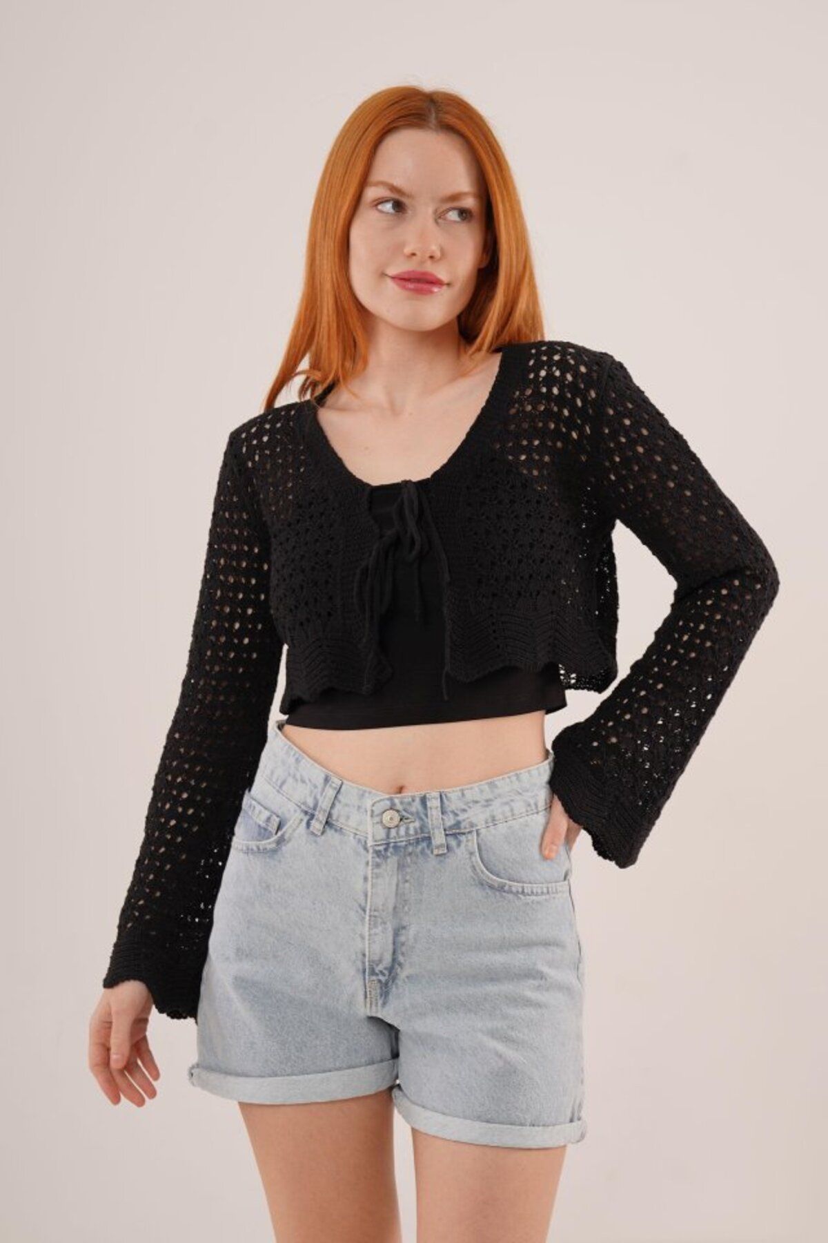ARUZ MODA Ön Bağlamalı Ajurlu Crop Siyah Hırka
