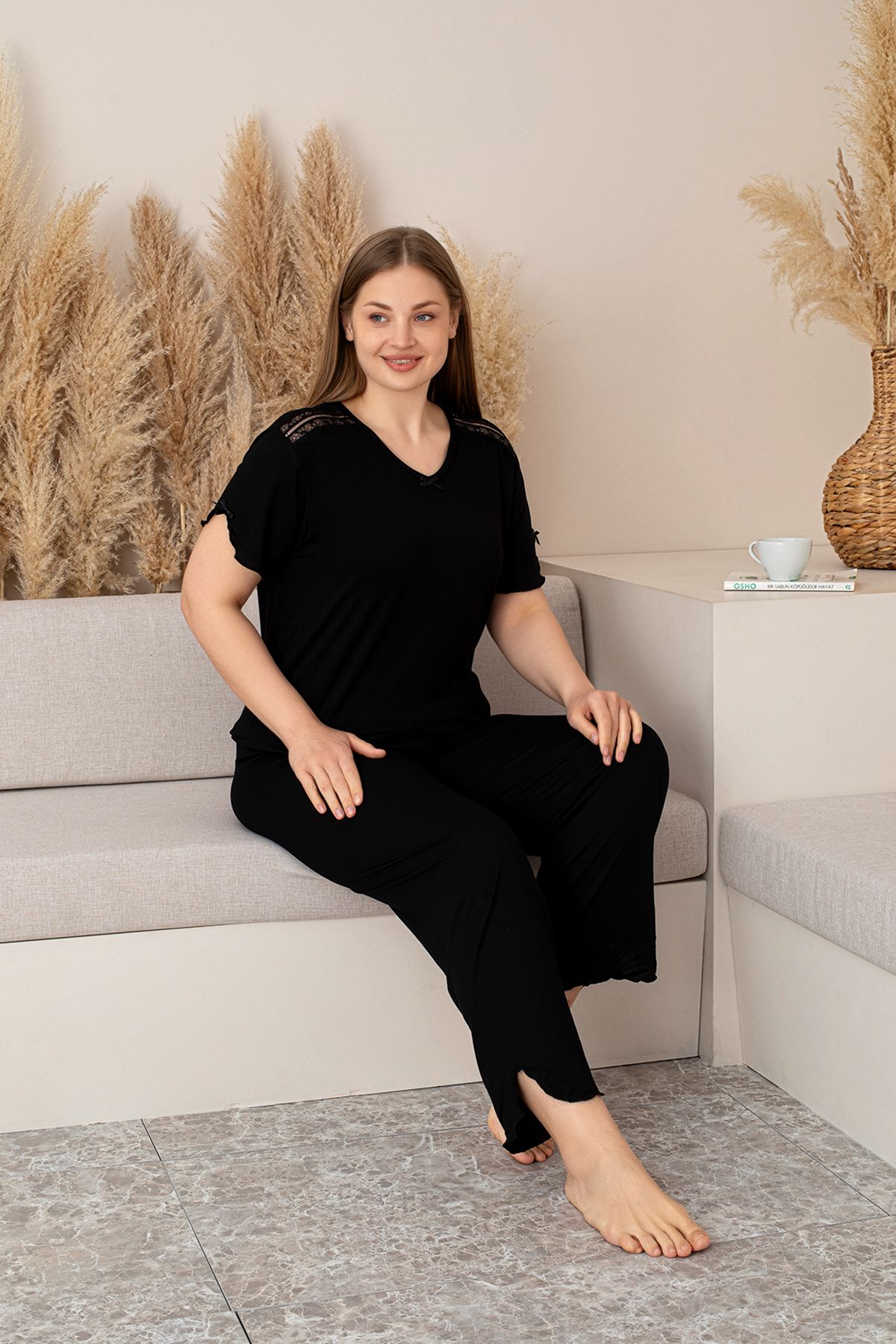 nisaNCa “Bambu Kumaş Büyük Beden Kadın Dantelli Uzun Kollu Pijama Takımı – Yumuşak, Nefes Alabilir, Şık ve R