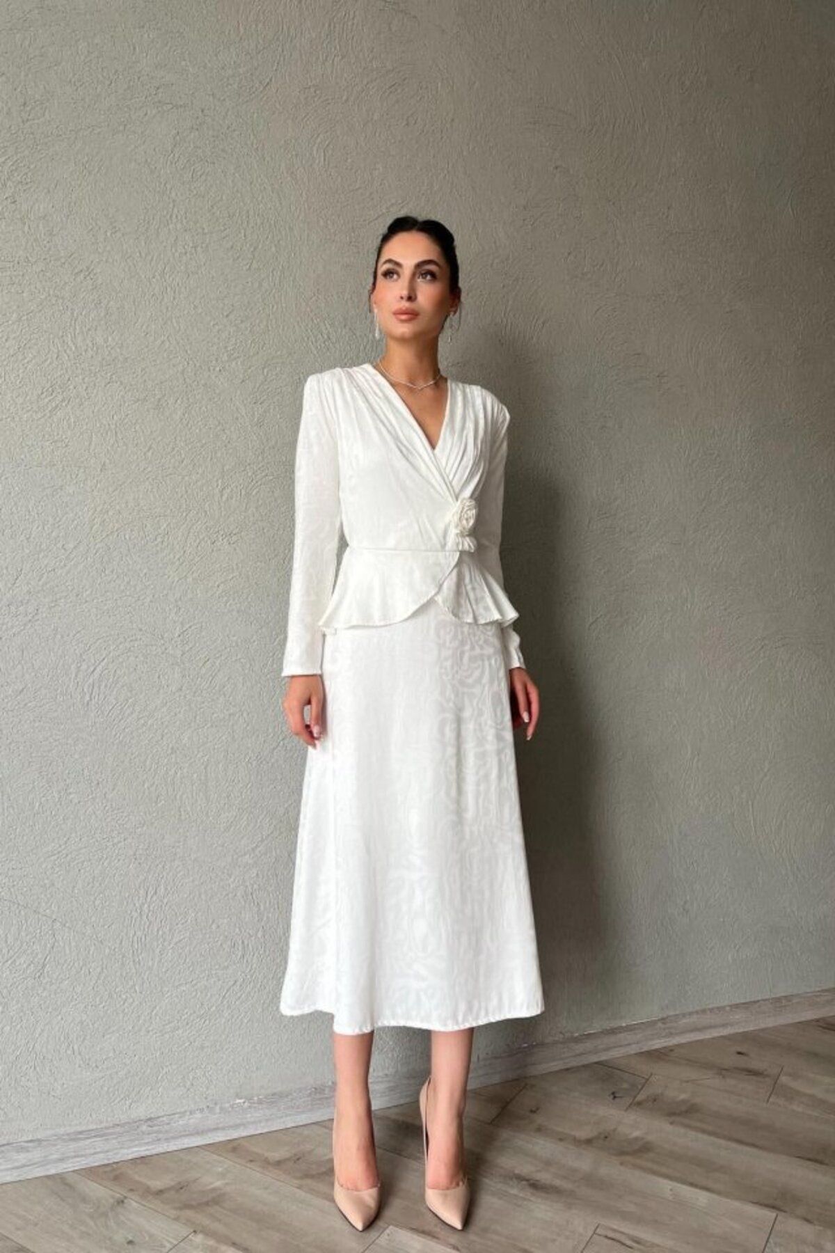 ARUZ MODA Ekru Pile Detaylı Kruvaze Elbise
