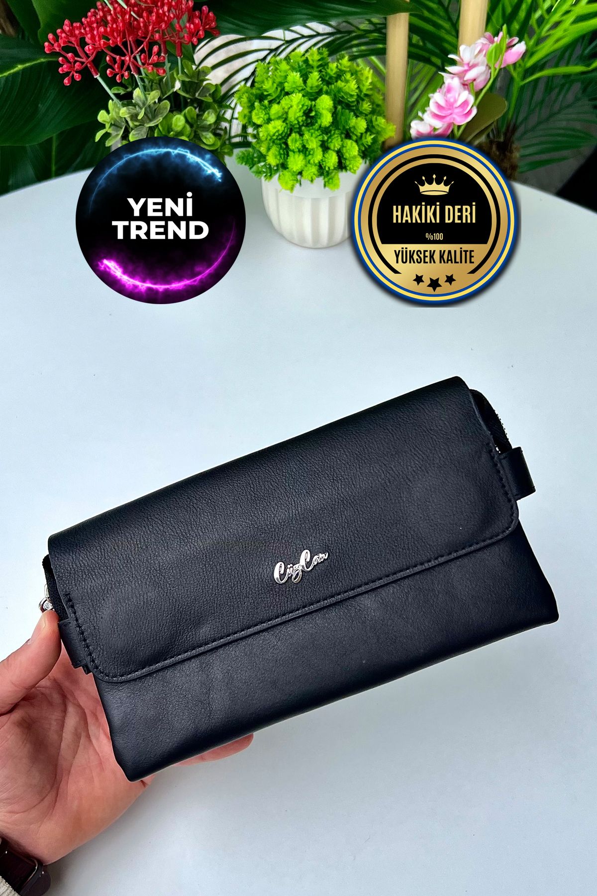 CüzCan BOSS Black Hakiki Deri Mıknatıslı Erkek El Çantası