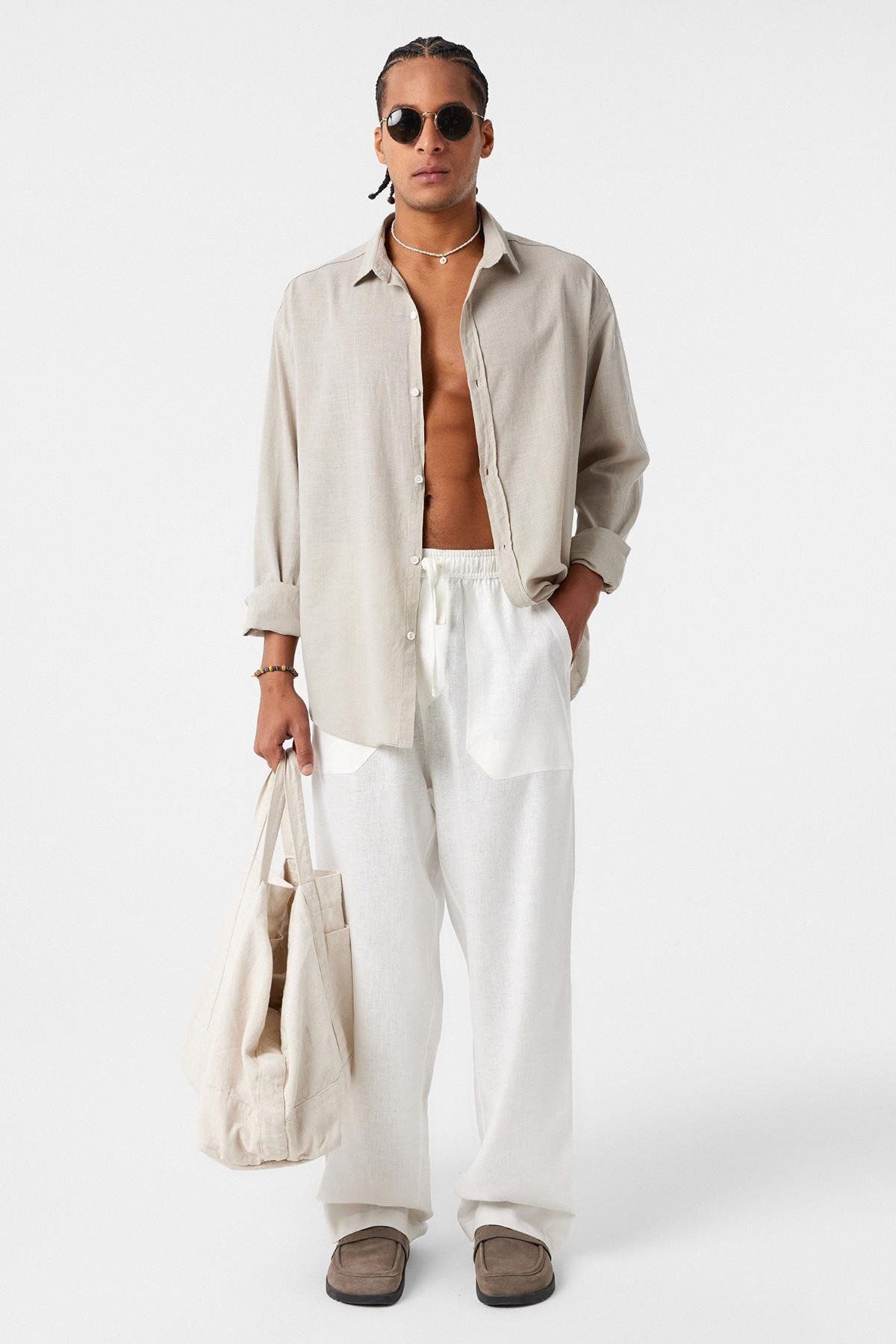 VAMOSCLO Basic Oversize Keten Gömlek Bej