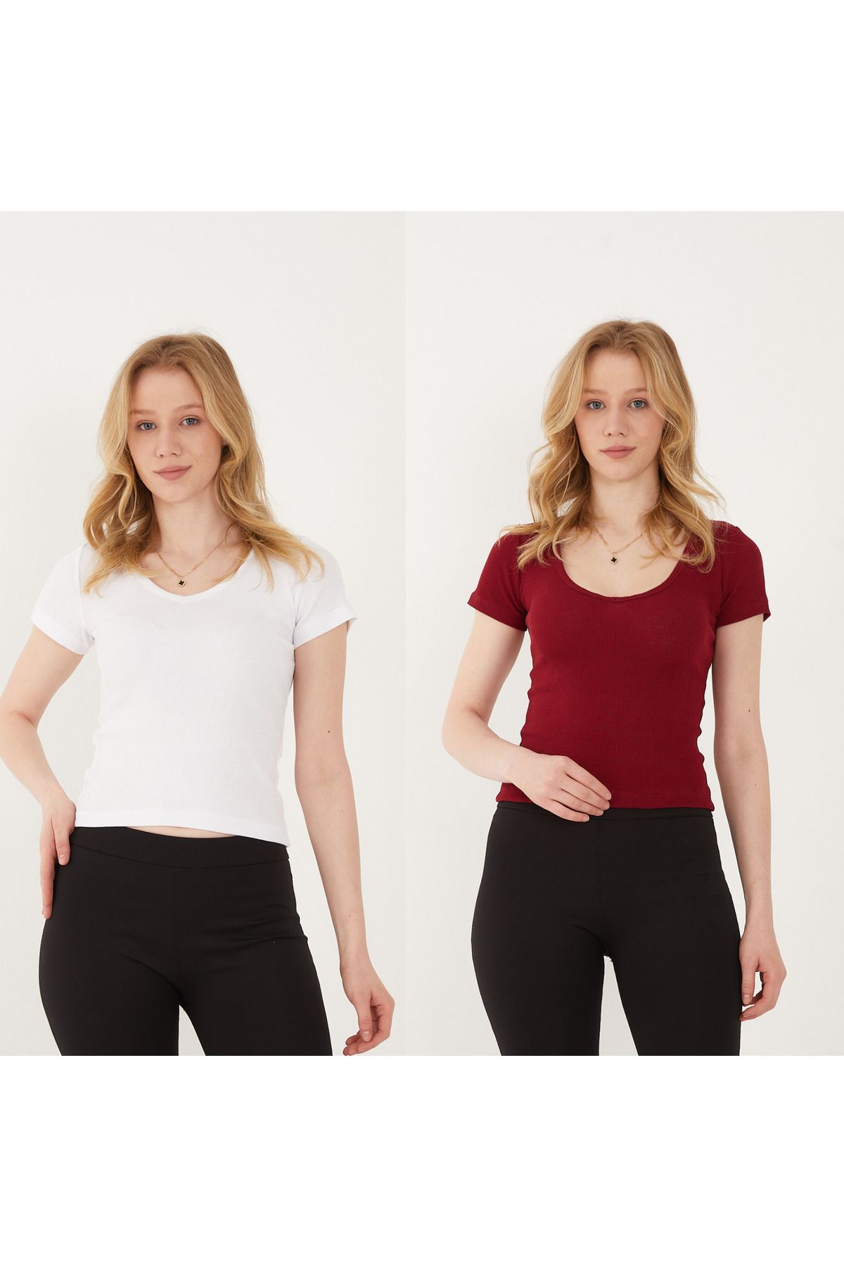 Wearflawless Kadın 2'li Adet V Yaka Fitilli Kısa Kol T-Shirt, Bluz