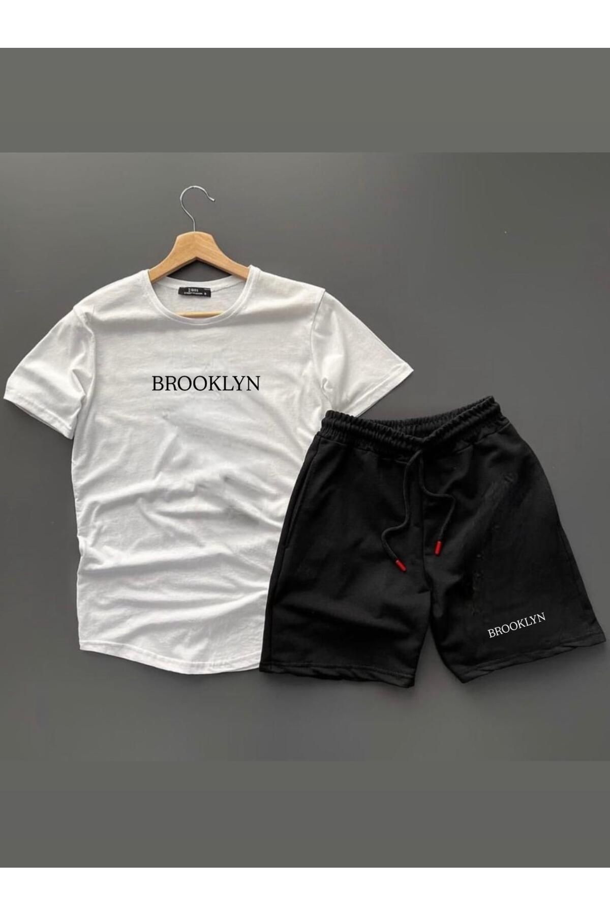 woonkey UNISEX PENYE OVERSİZE RAHAT KALIP BROOKLYN BASKILI TİŞÖRT ŞORT 2'Lİ SET