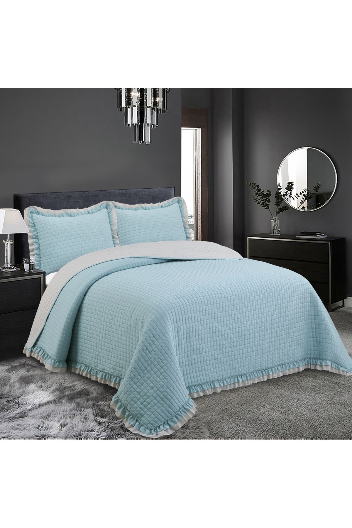 Sivalde Square Washed Fırfırlı Çift Kişilik Neft Yatak Örtüsü Takımı