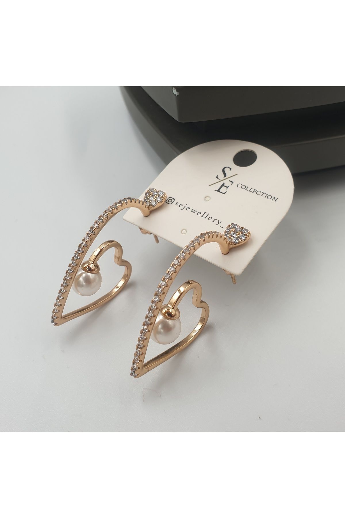 SE Jewellery Collection Selin Ersoy Vip Özel Tasarım Rose Renk Zirkon Taş Süslemeli Kalp Detaylı İnci Sallantılı Xuping Küpe - Kararmaz