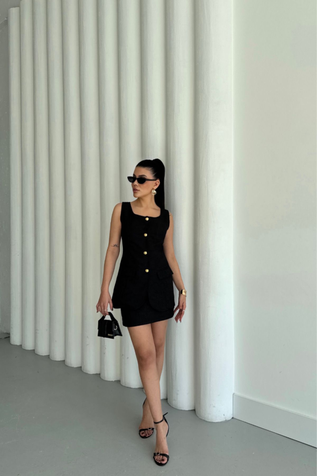 ARUZ MODA JAKAR KETEN YELEK - KISA ETEK TAKIM - Siyah