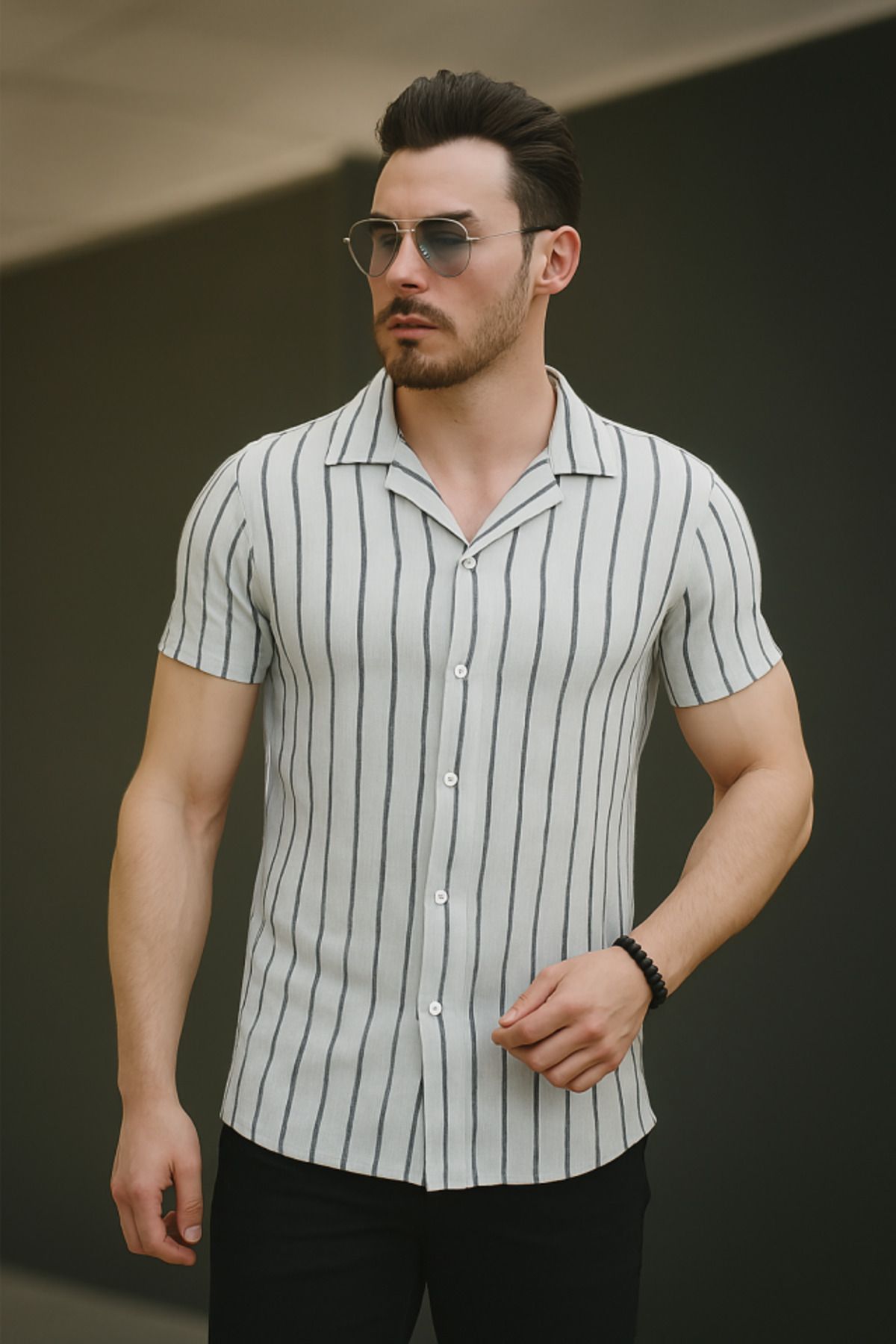 ARUZ MODA Erkek Kısa Kollu Gri çizgi Desenli örme Kumaş Pamuklu Gömlek