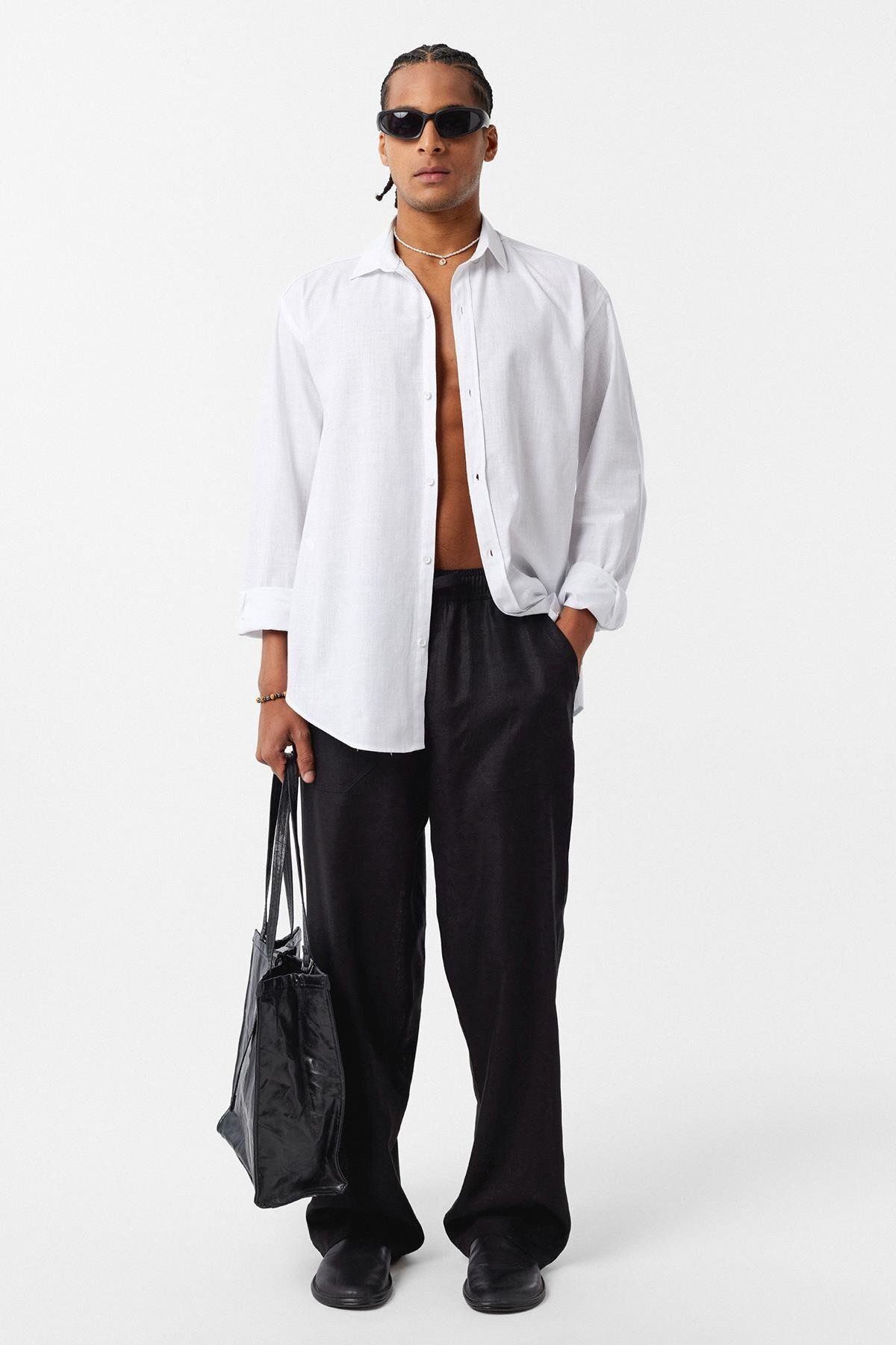 VAMOSCLO Basic Oversize Keten Gömlek Beyaz