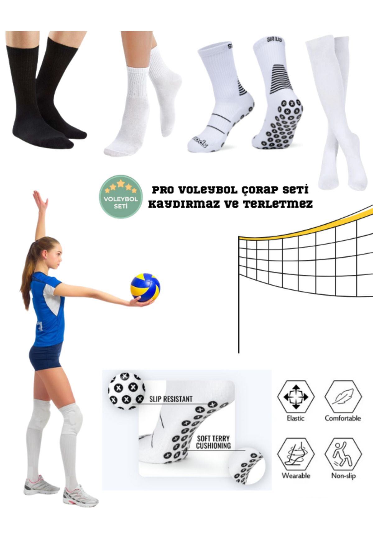 Bellanora 4 Çift İthal Performance Voleybol Çorap Seti -Uzun ve Orta Konçlu -Terletmez-Kaydırmaz-Kauçuk Taban