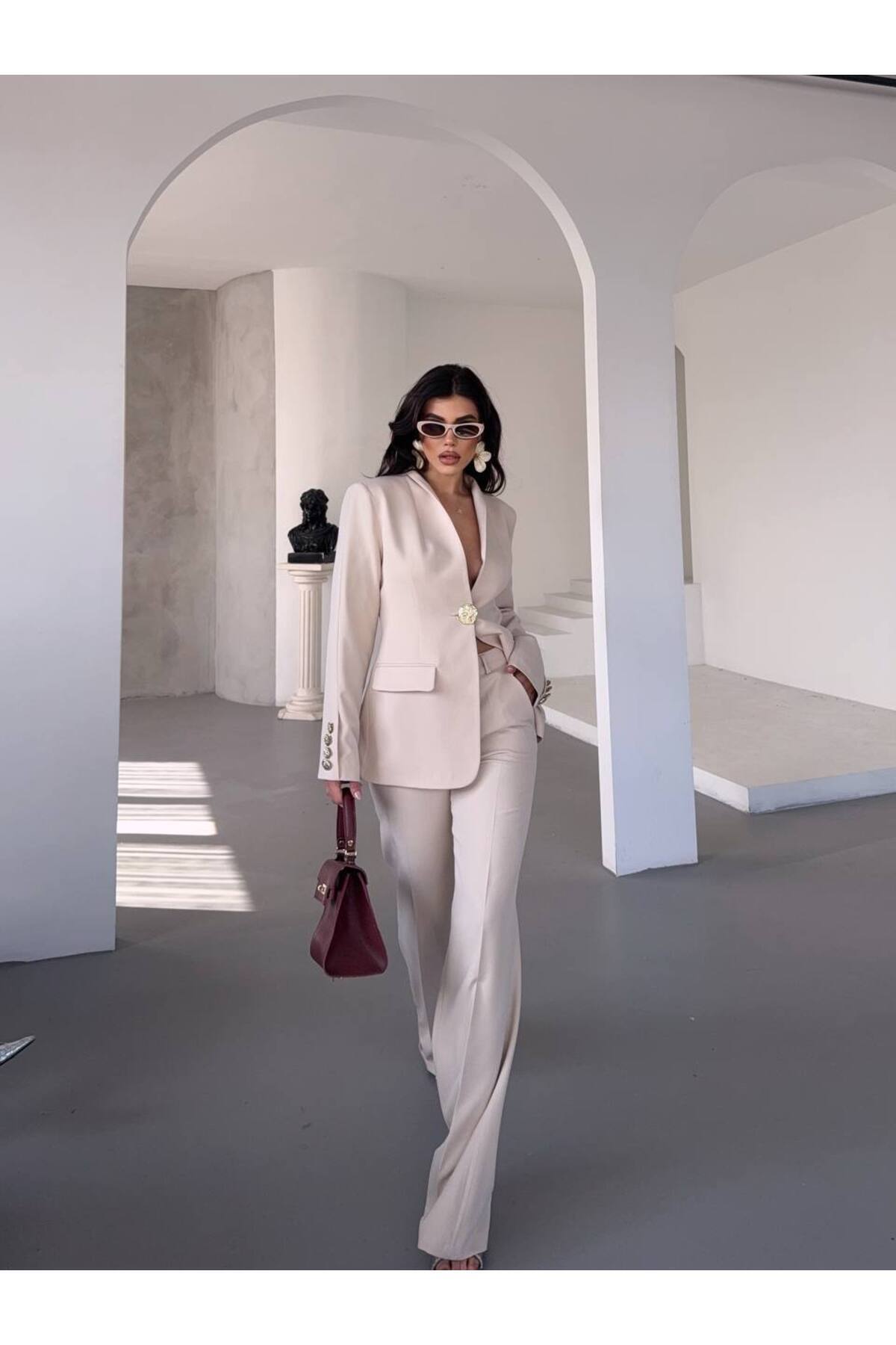 NILOO Kadın Tek Büyük Düğmeli Blazer Ceket Pantalon Takım