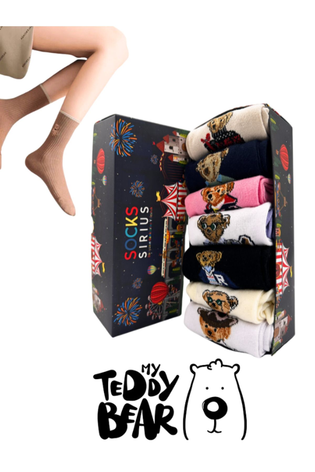 Bellanora 7 Çift Penye Ayı Desenli Çok Renkli Teddy Bear Kadın Bot Çorabı Hediye Kutusu Fitilli Rahat Çoraplar