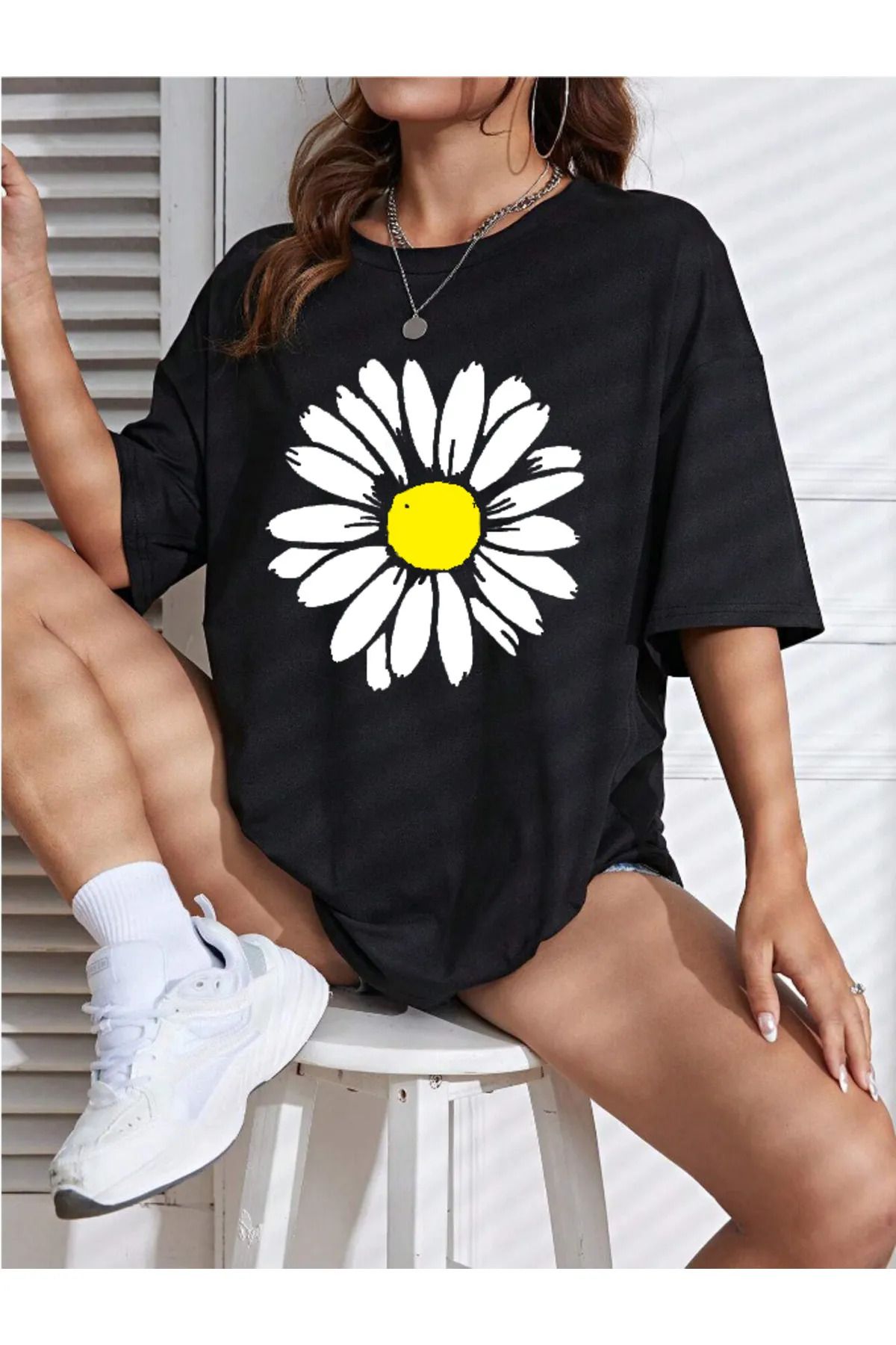 FeaR LeeS Kadın Papatya Özel Baskılı Renkli Oversize Penye Pamuklu Bisiklet Yaka T-Shirt