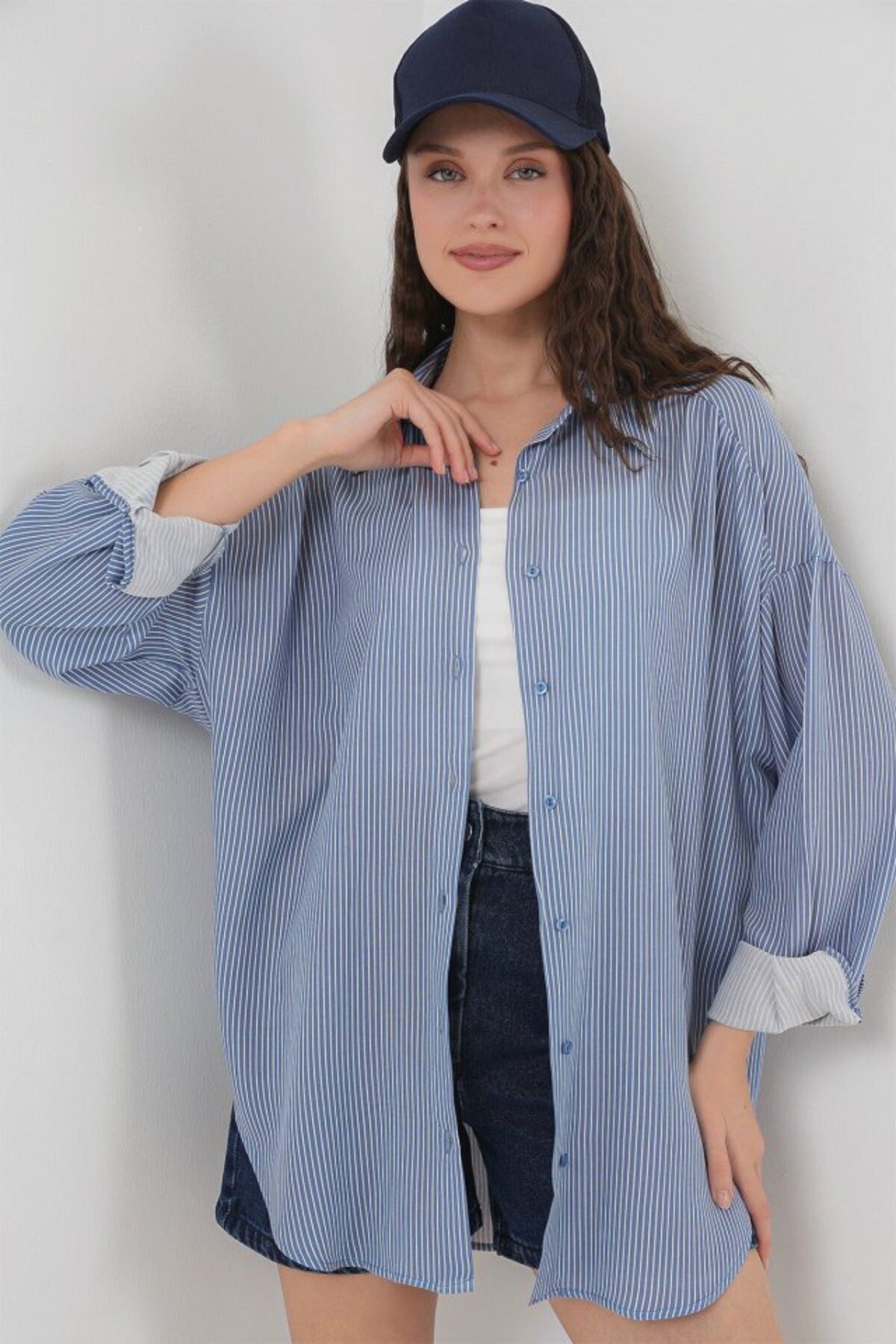 ARUZ MODA Çizgili Oversize Gömlek 20295 - İndigo