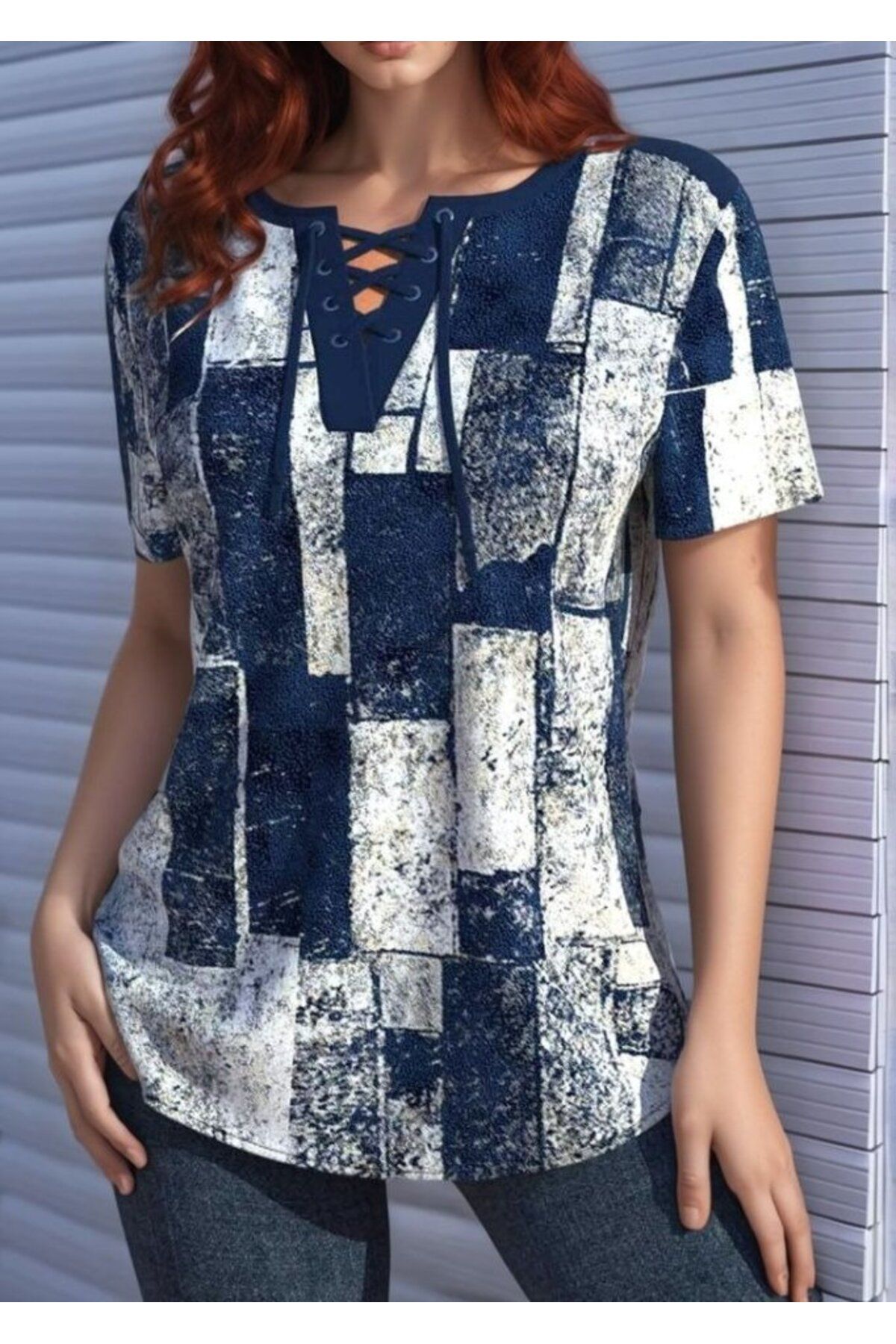 ARUZ MODA Kadın Kısa Kollu Yakası Bağcıklı Kuş Gözü Detay Süprem Bluz