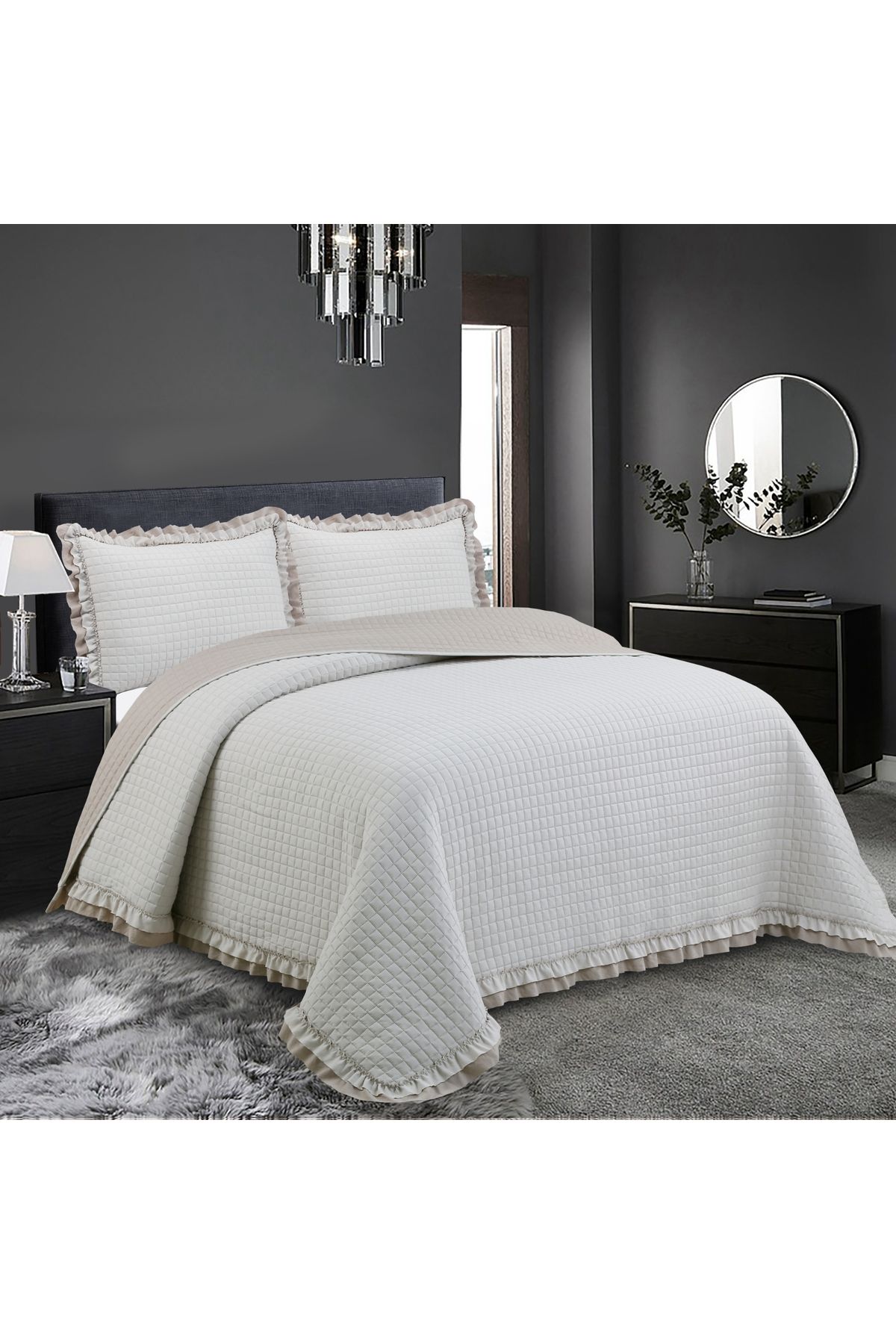 Sivalde Square Washed Fırfırlı Çift Kişilik Bej Yatak Örtüsü Takımı