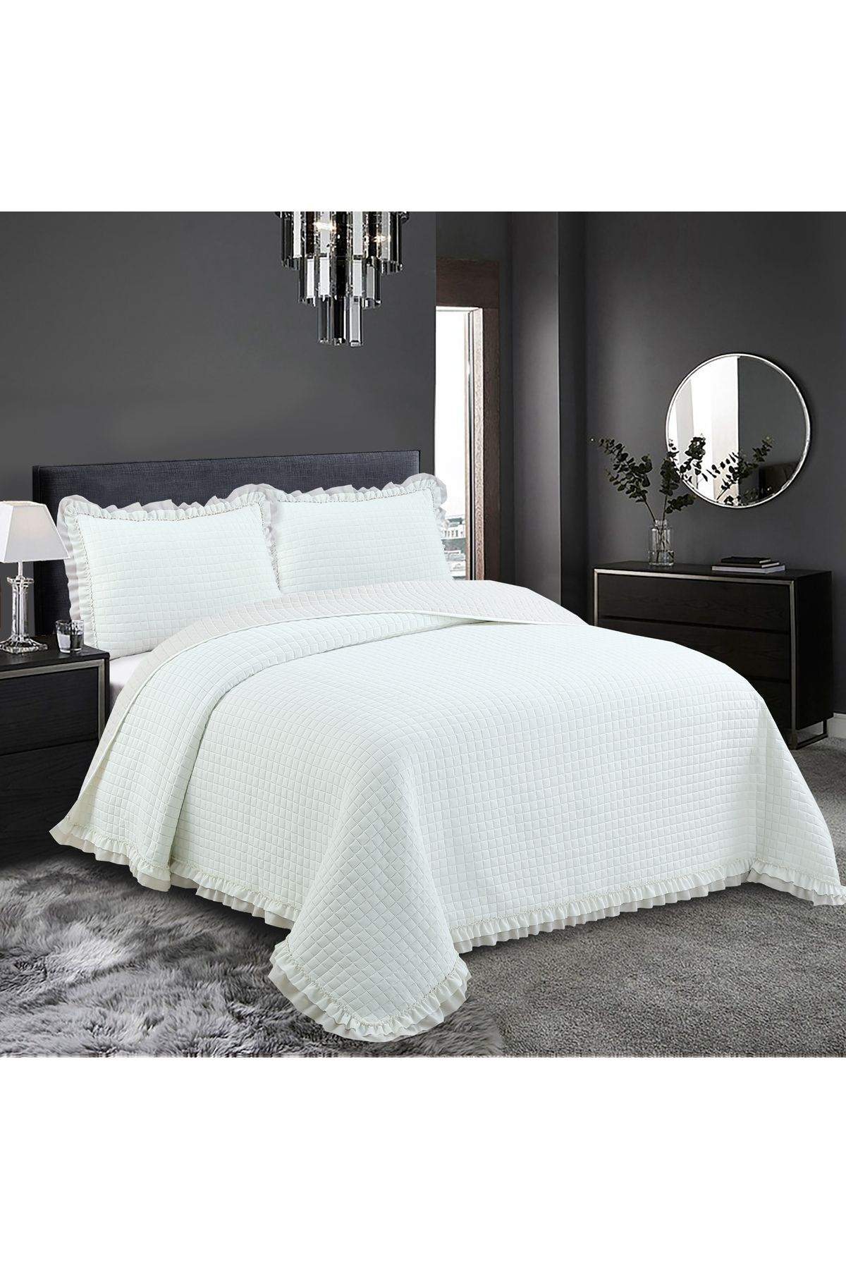 Sivalde Square Washed Fırfırlı Çift Kişilik Krem Yatak Örtüsü Takımı