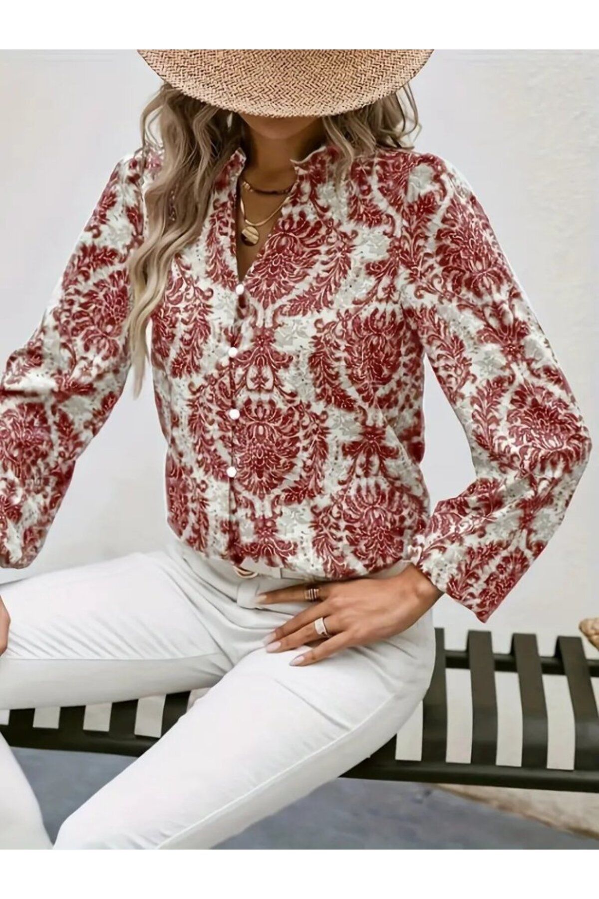 ARUZ MODA Kadın Uzun Kollu V Yakalı Desenli önü Düğmeli Ithal Keten Bluz