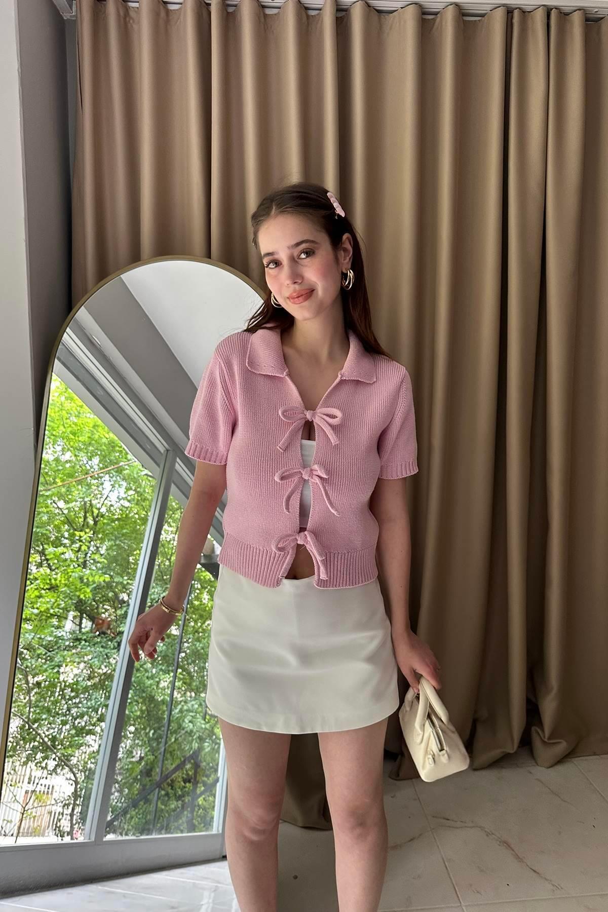 lizge giyim-Polo Collar Lace Detail Cardigan 2