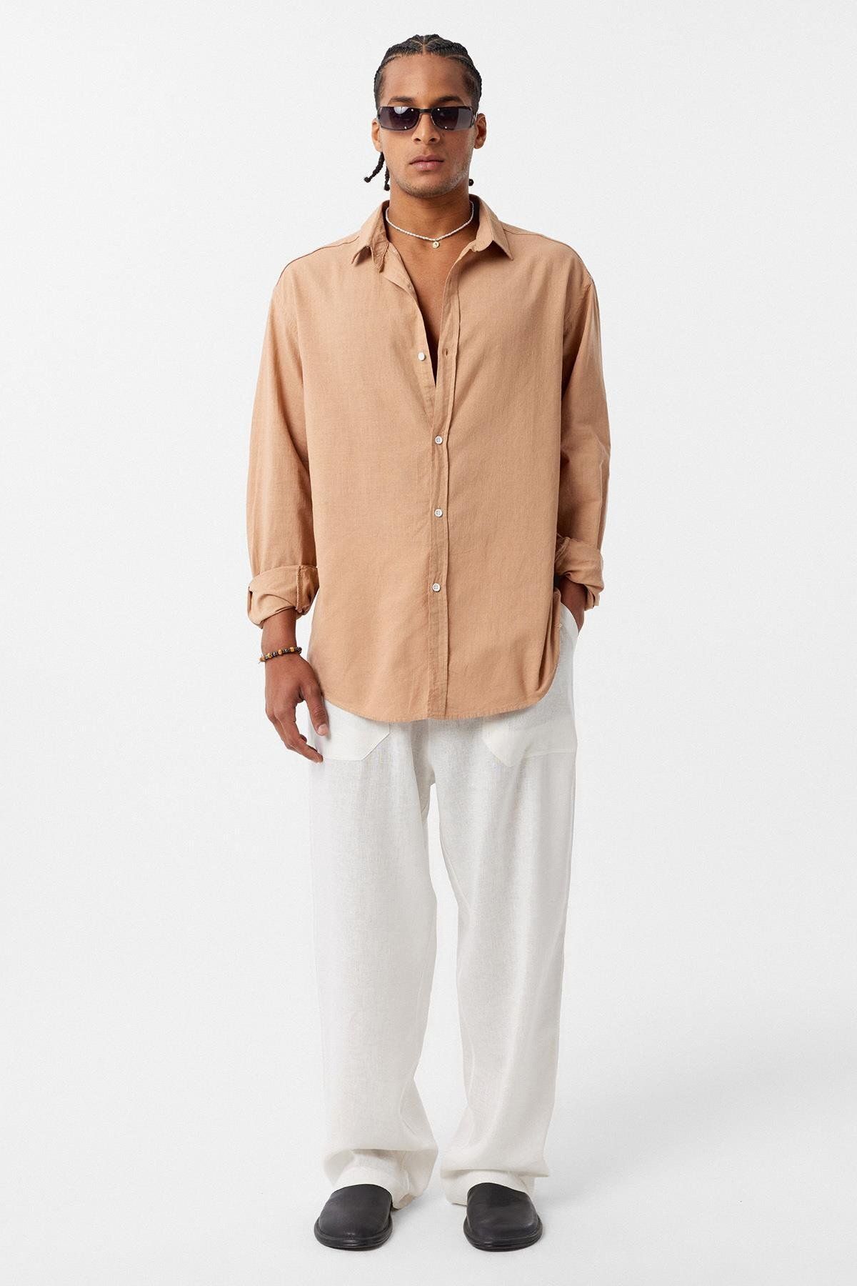 VAMOSCLO Basic Oversize Keten Gömlek Camel