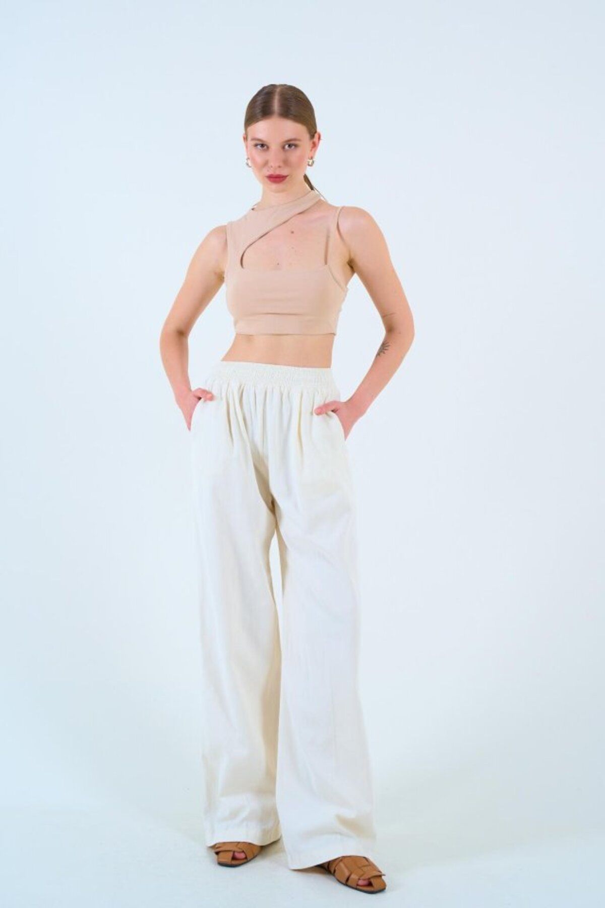 ARUZ MODA Beli Lastikli Palazo Pantolon - Taş