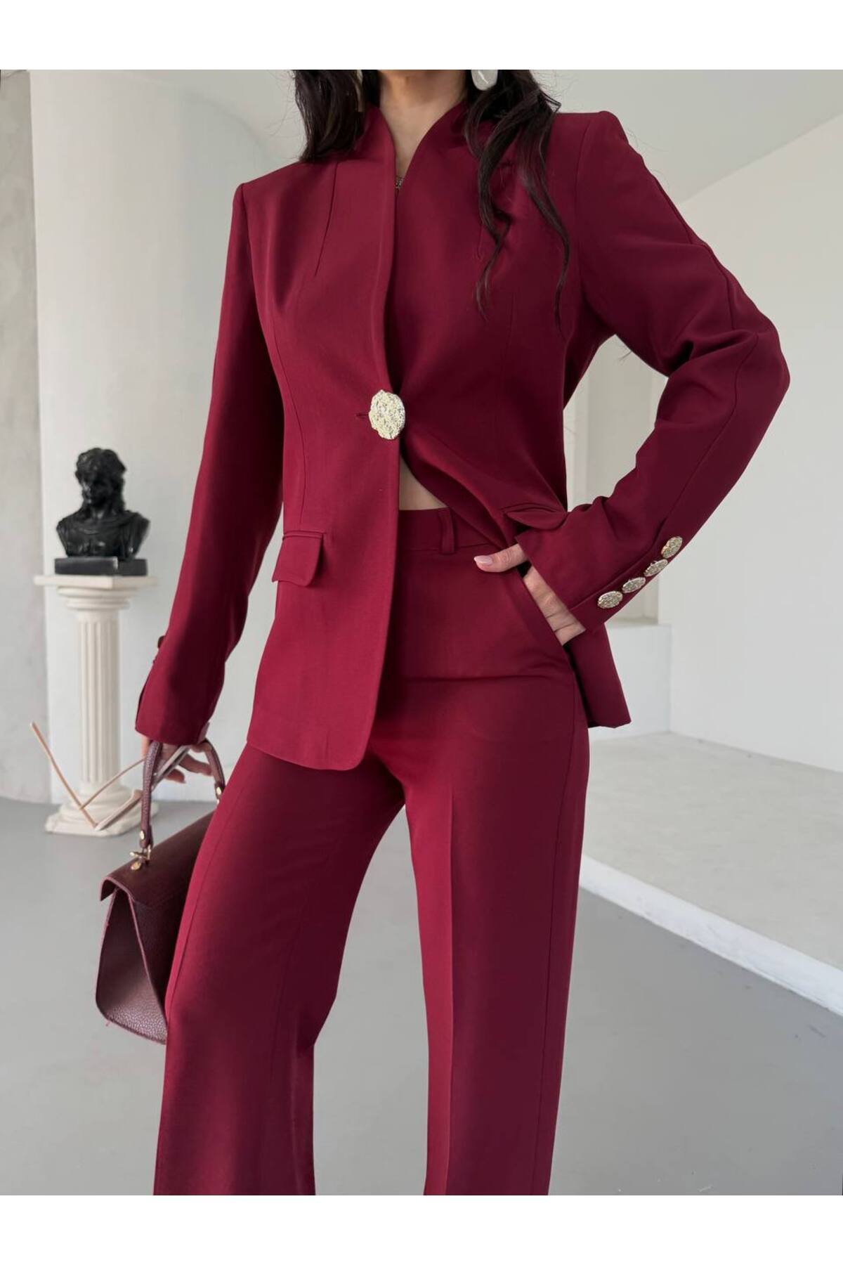 Kadın Blazer Ceket Pantolon Takım Tek Düğmeli Bordo