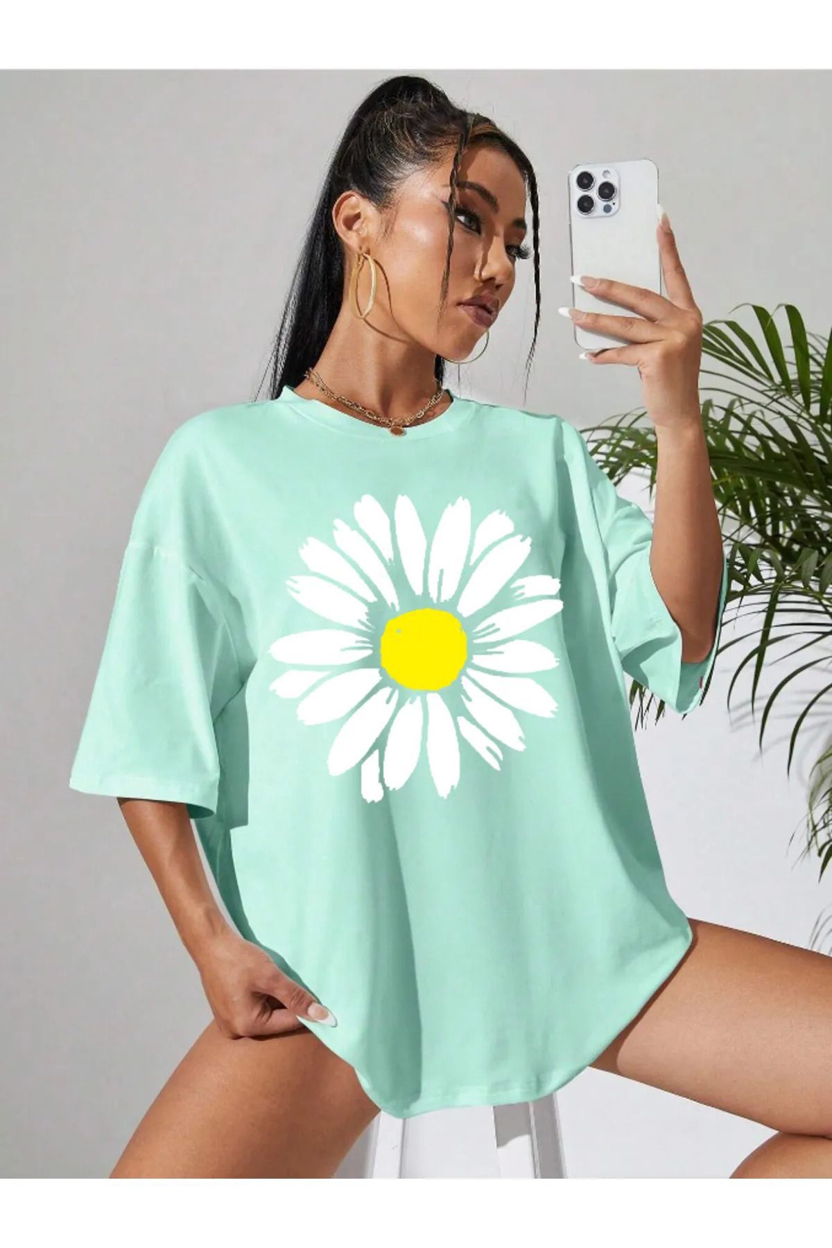 FeaR LeeS Kadın Papatya Özel Baskılı Renkli Oversize Penye Pamuklu Bisiklet Yaka T-Shirt
