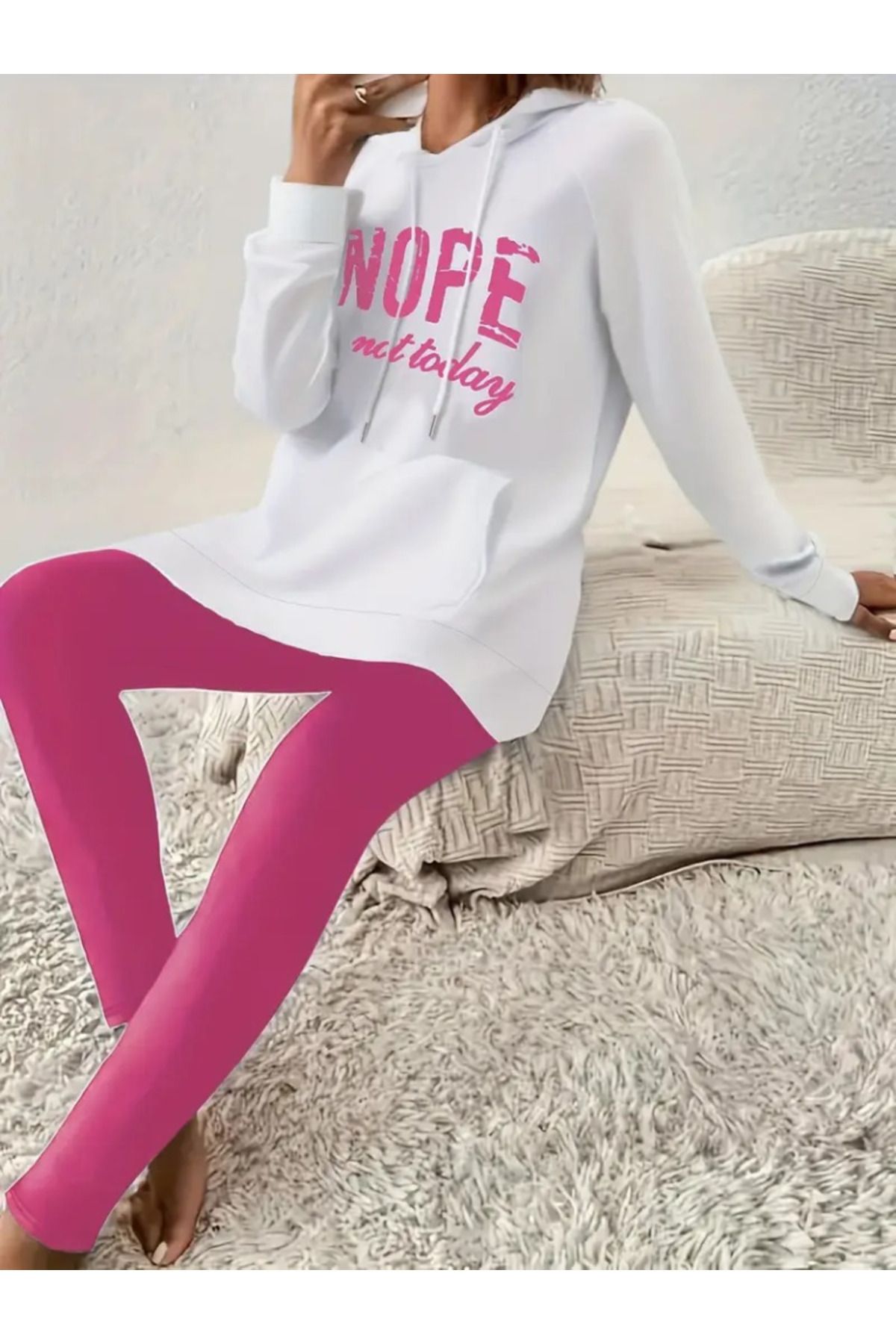ARUZ MODA Kadın Uzun Kollu Kapşonlu Bağcıklı Viskon Iki Iplik Sweat