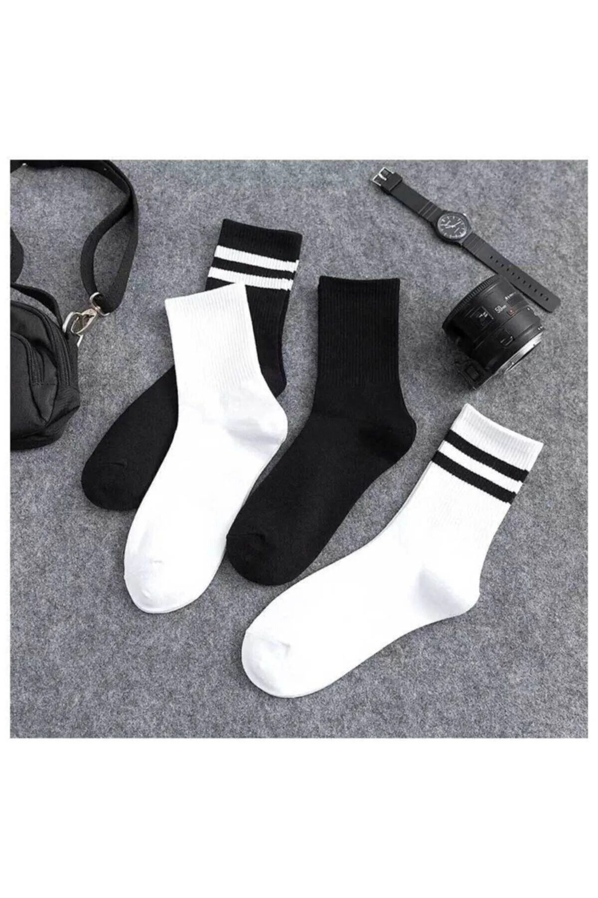 Bellanora 4 Çift Ekonomik Paket Erkek Kadın Unisex Çorap Soket Uzun Tenis Corap Çizgili Kolej Çoraplar