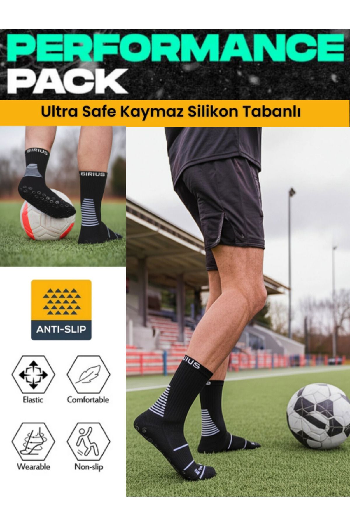 Bellanora Performans Anti Kauçuk Kaydırmaz Havlu Taban Futbol,Basketbol,Tenis,Koşu Antrenman Siyah Çorap