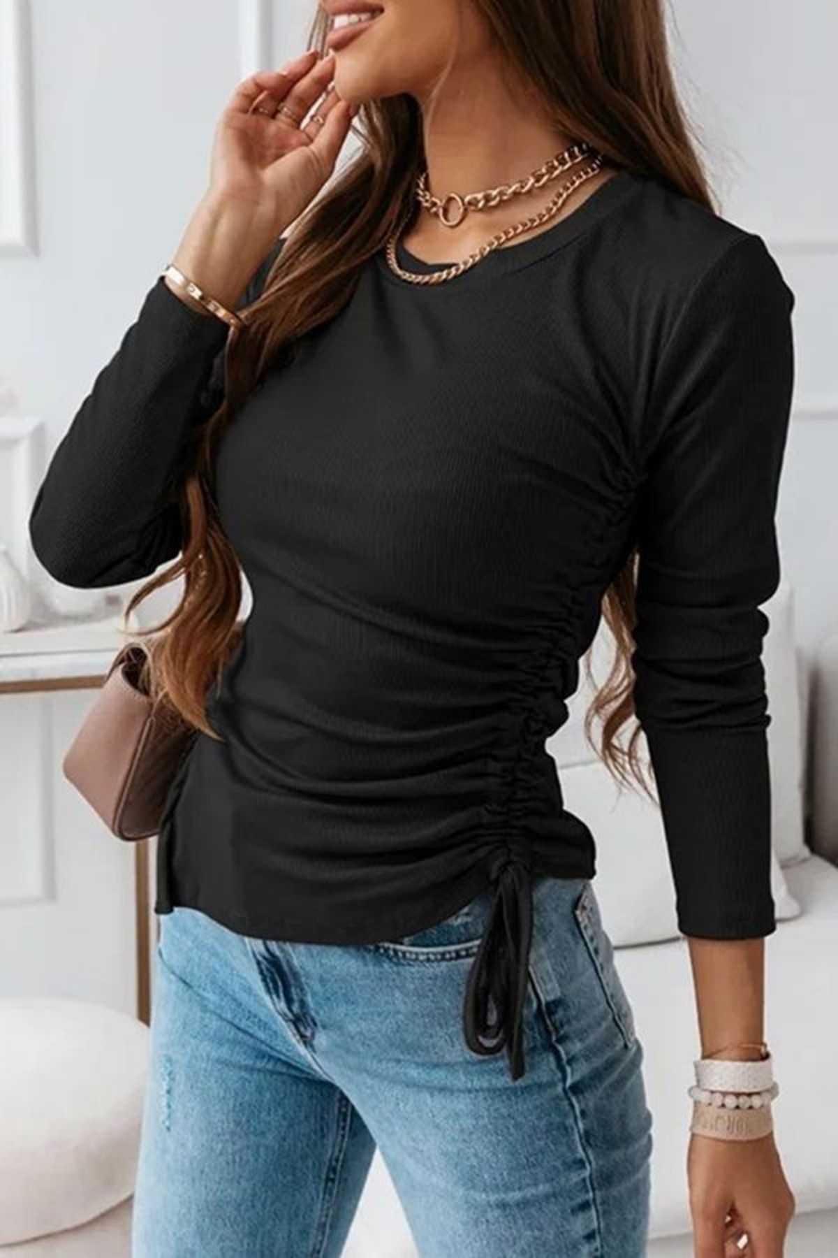 ARUZ MODA Kadın Uzun Kollu Bisiklet Yaka Yanları Ve Kolları Büzgülü Kadife Bluz