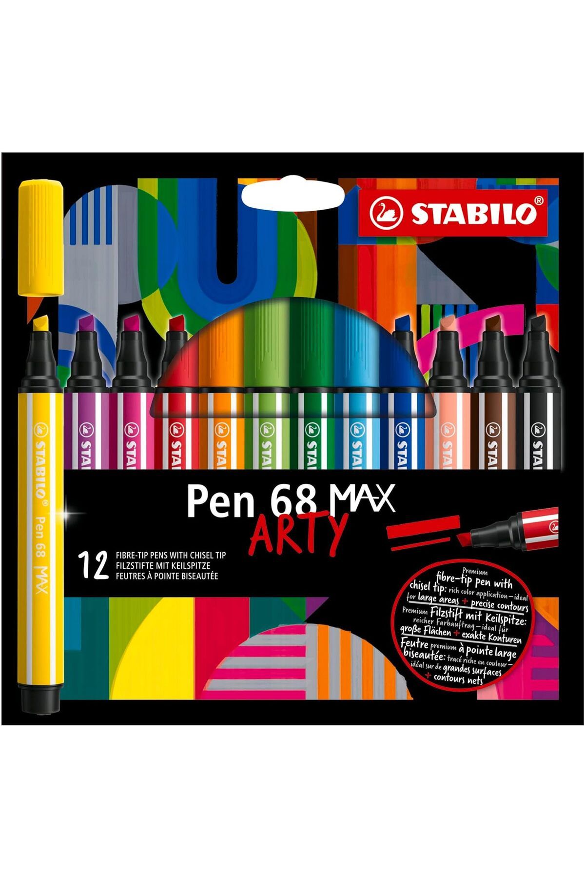 STOREMAX Pen 68 MAX ARTY - Keçe Uçlu Boya Kalemi, Kalın Kama Uçlu - 12'li Paket - Çeşitli Ren