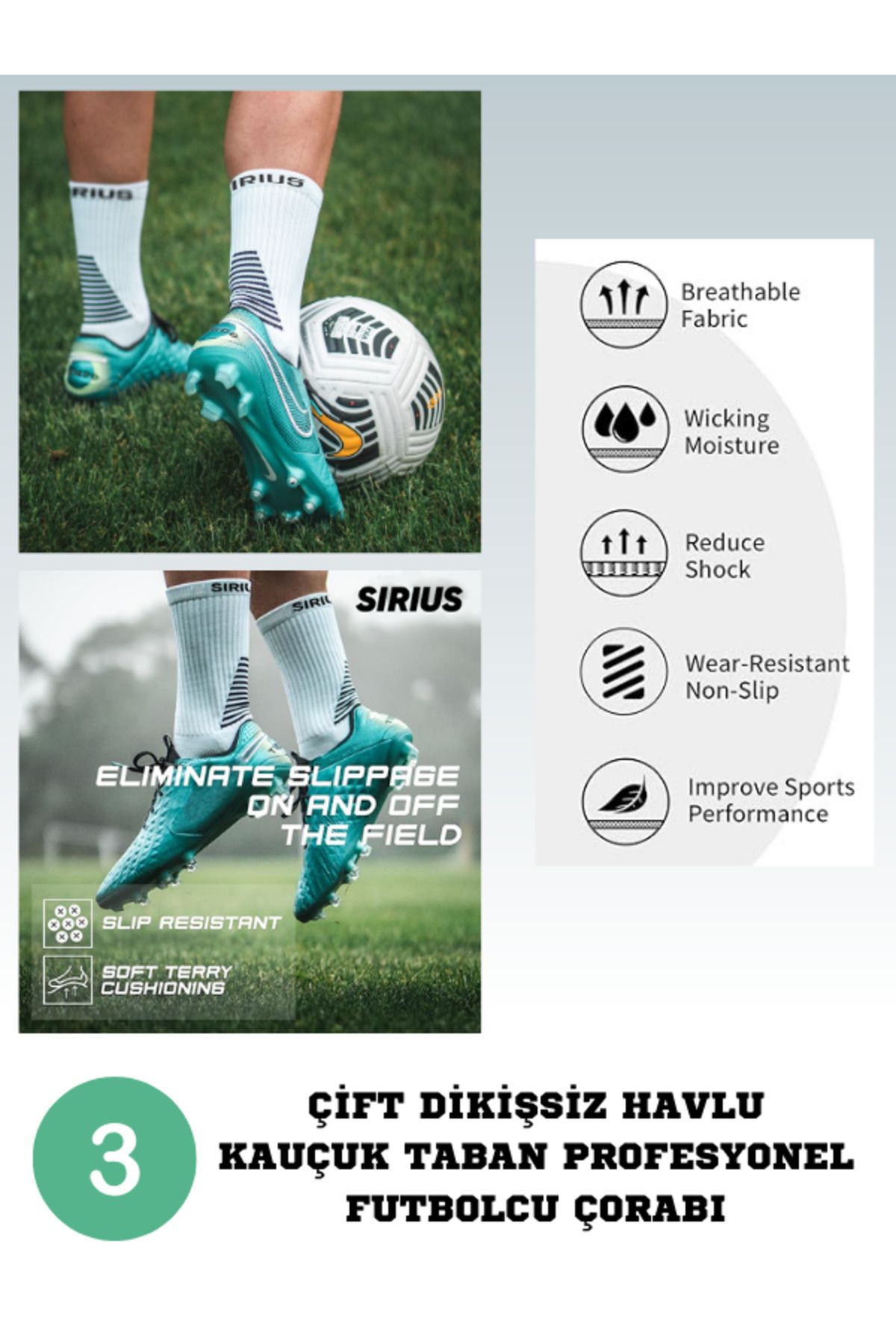 Bellanora 3 Çift Performans Serisi Futbol Kauçuk Kaydırmaz Havlu Taban Dikişsiz Maç Çorabı Tozluk Halı Saha
