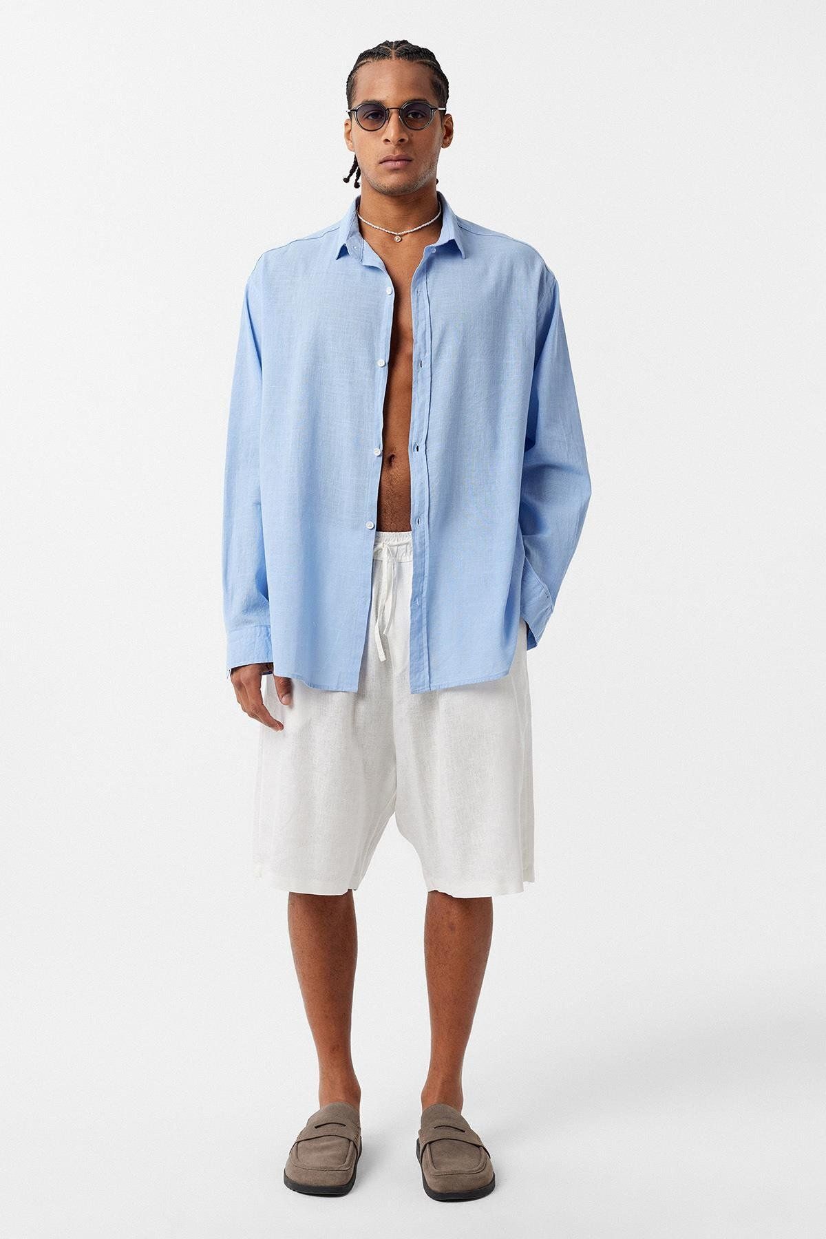 VAMOSCLO Basic Oversize Keten Gömlek Mavi