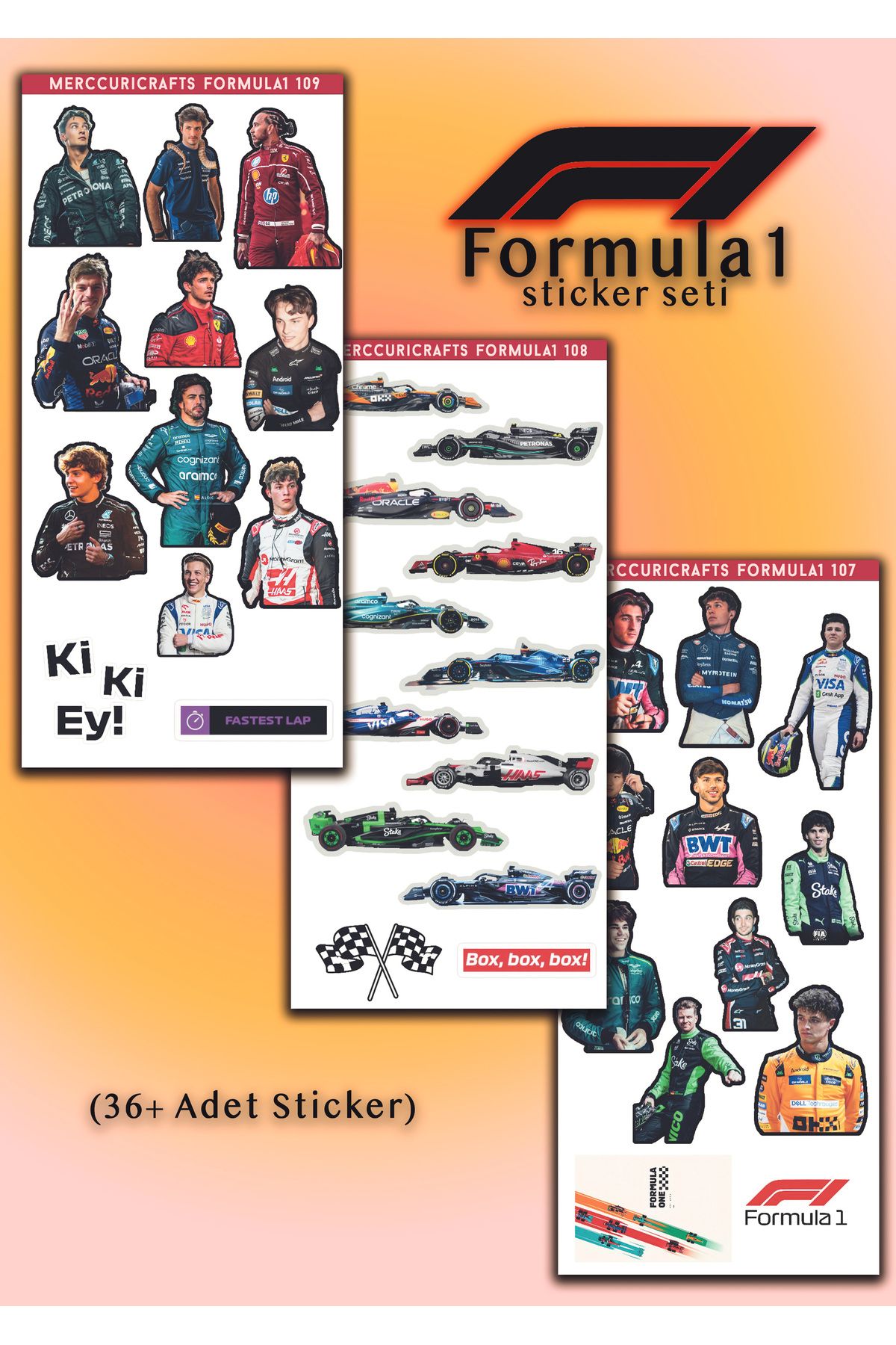 merccuri crafts 3'lü Sticker (36 adet) Formula1 Sticker Seti - Planner Ajanda