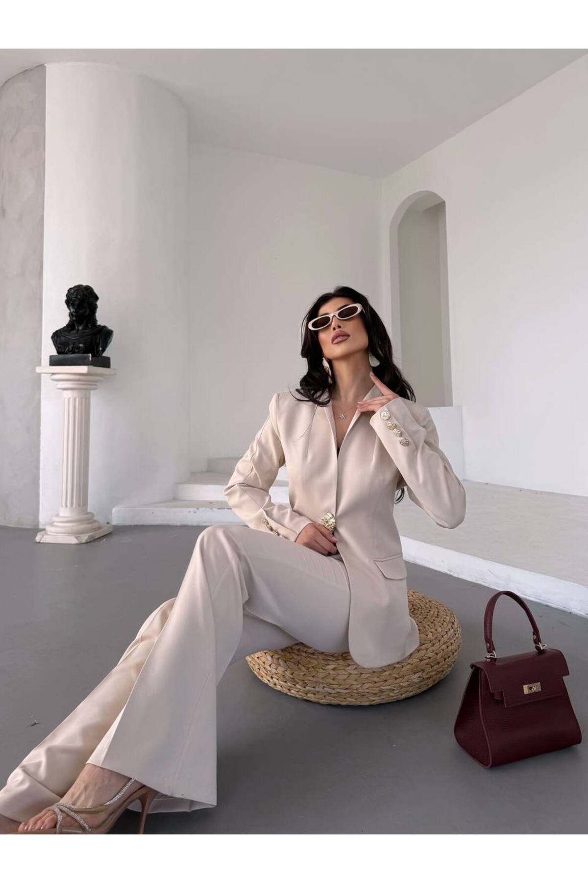 Kadın Tek Büyük Düğmeli Blazer Ceket Pantalon Takım
