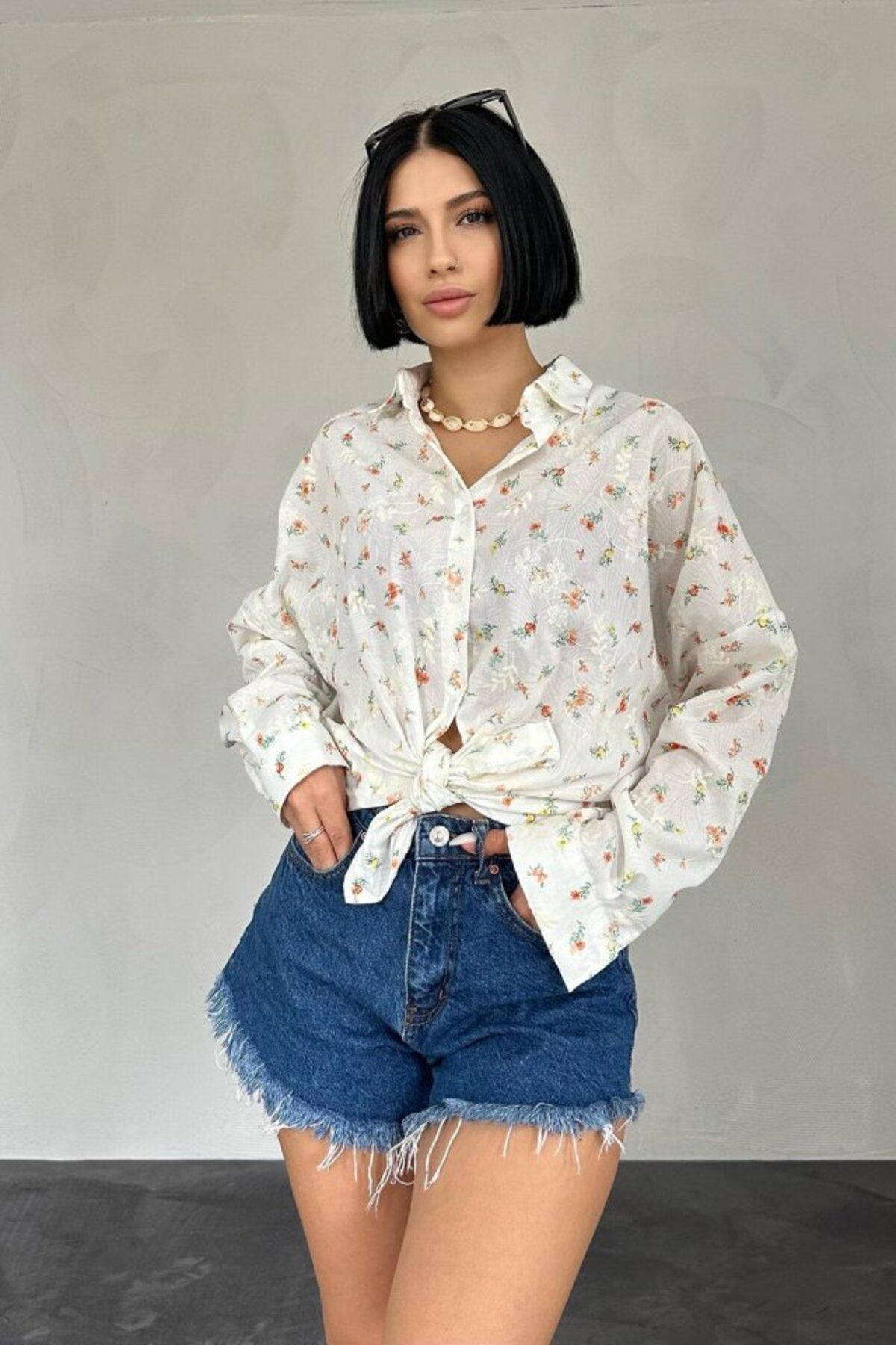 ARUZ MODA Oranj Brode Çiçek Nakışlı Klasik Gömlek