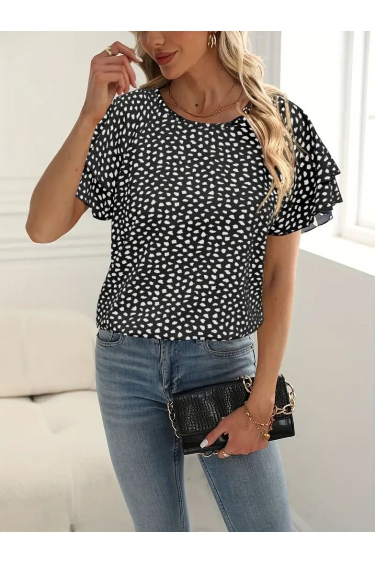 ARUZ MODA Kadın Kısa Kollu Kolları Volanlı Baskılı Süprem Bluz