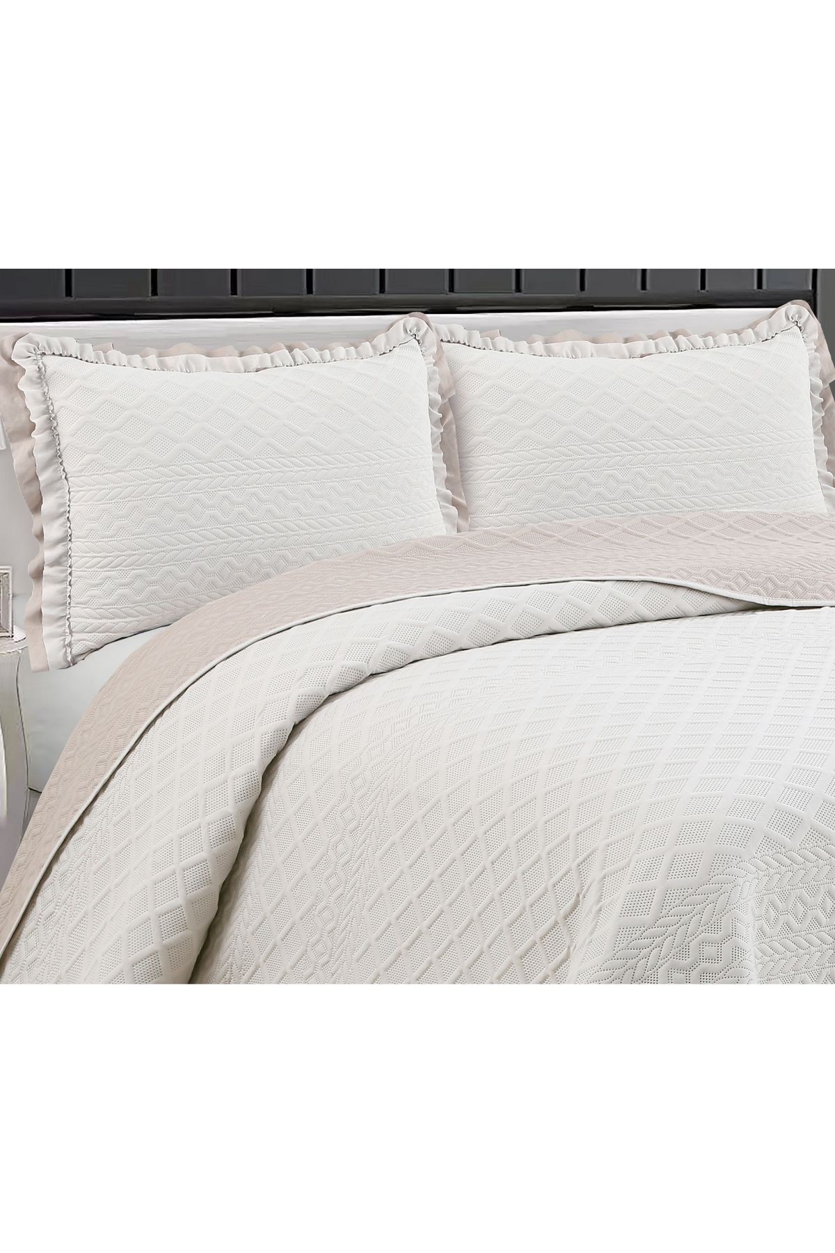 Sivalde-Hazel Washed Frilly Double Beige Bedspread Set 2