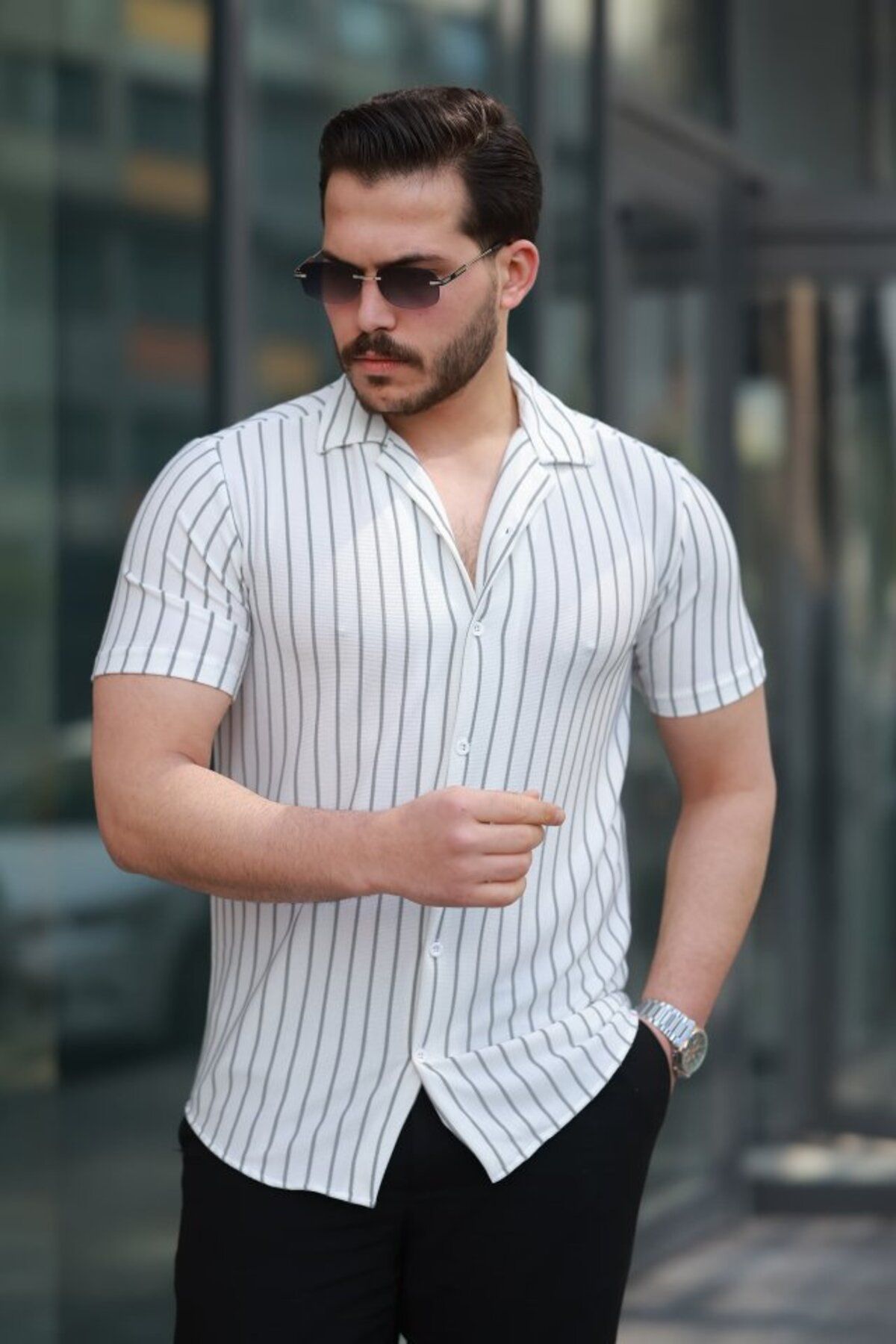 ARUZ MODA Erkek Kısa Kollu Gri çizgi Desenli örme Kumaş Pamuklu Gömlek